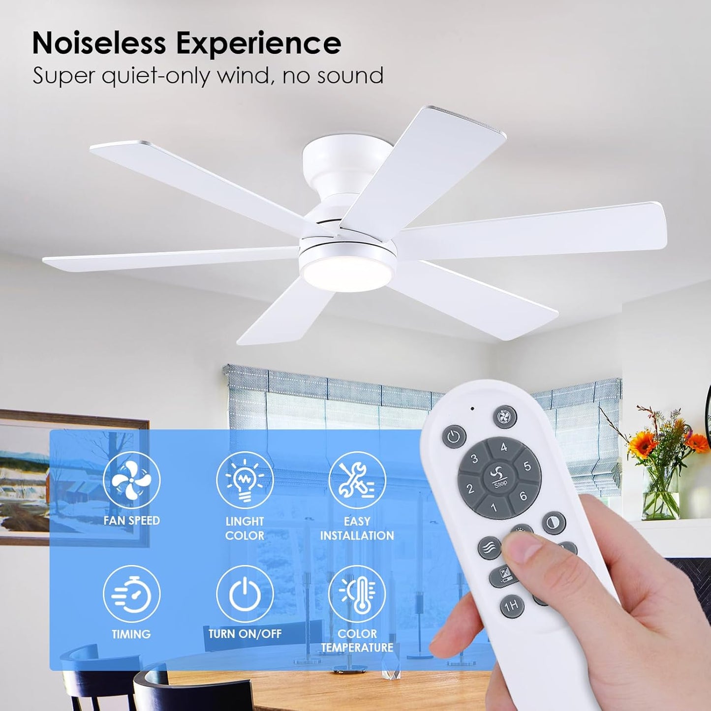 46” Black Low Profile Ceiling Fan with Lights & Remote Control - Dimmable, Noiseless, Reversible for Bedroom