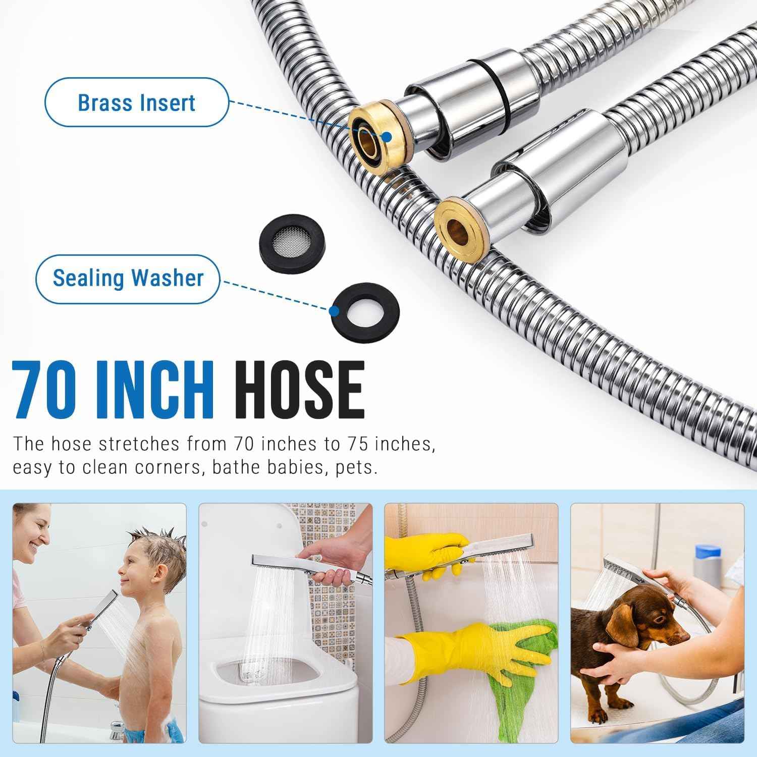 All Metal Handheld Shower Set with 3-Function Wand & 70-Inch Stainless Steel Hose