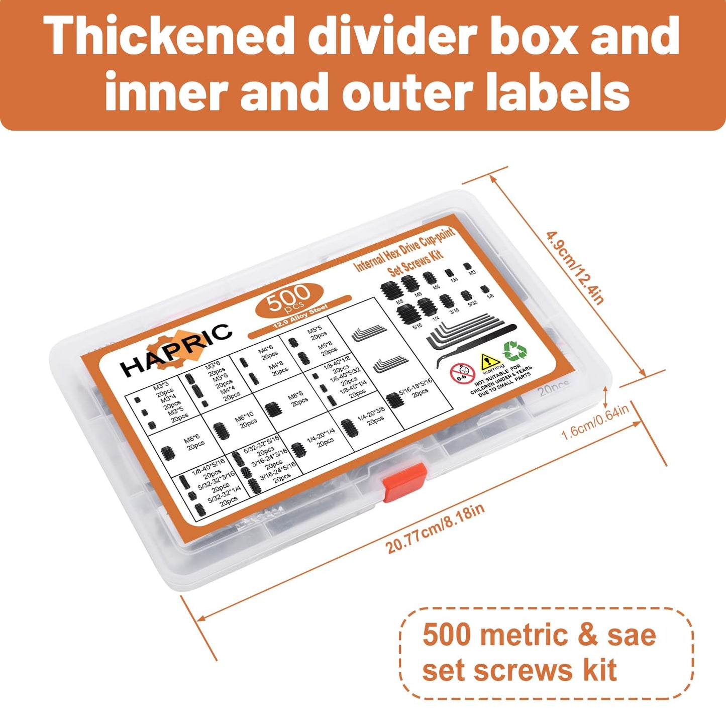 500 Pcs 25 Size Set Screws Metric&SAE Set Screw Assortment Kit 12.9 Alloy Steel Head Socket Metric Set Screws for Bathroom Fixtures Door Handles(M3-M8, 1/8"-40 to 5/16"-18)