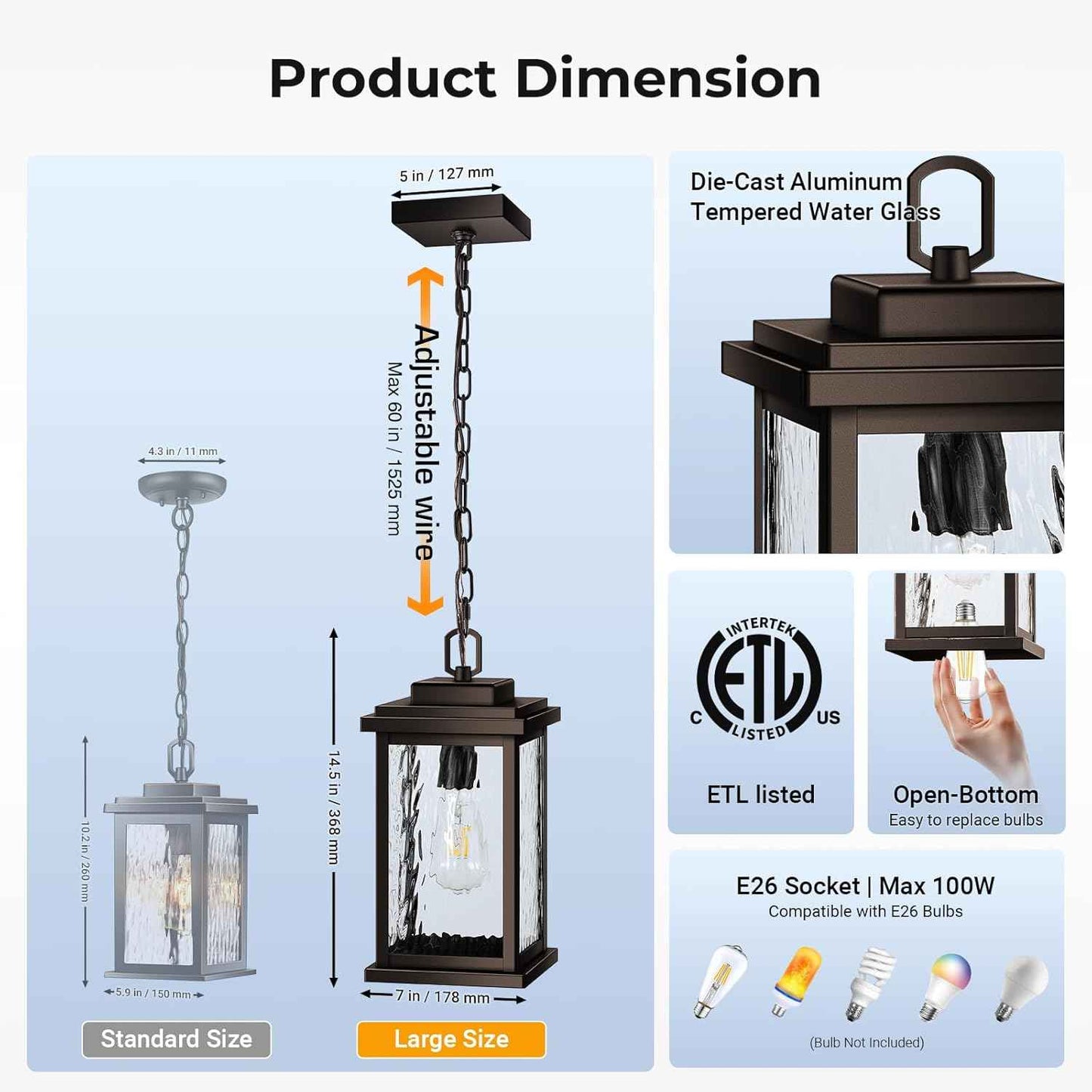 Outdoor Pendant Light - Oil Rubbed Bronze Chandelier for Porch & Patio, Adjustable Chain