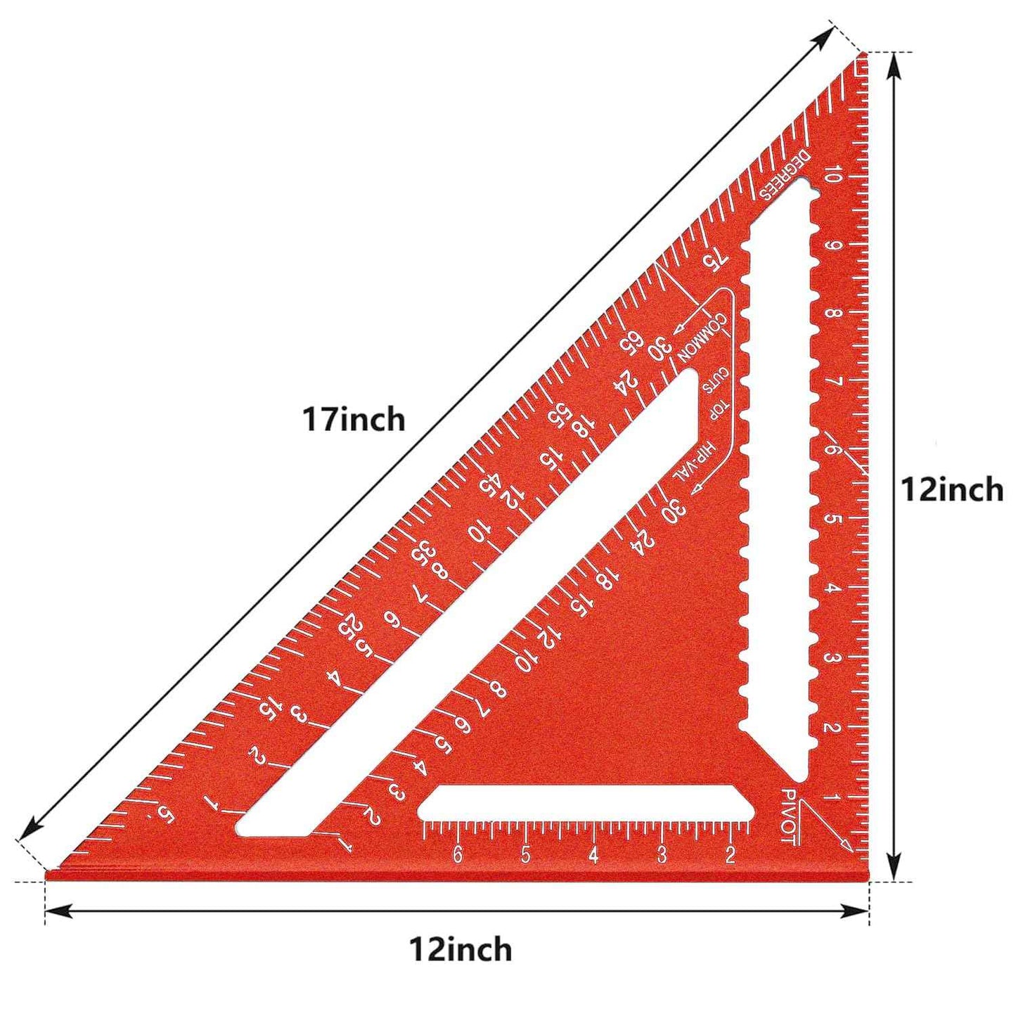 Beslands Aluminum 12-inch Rafter Square Carpenter Measuring Layout Tool Alloy Metal Triangle Ruler Imperial Protractor for Woodworking and Carpentry Red
