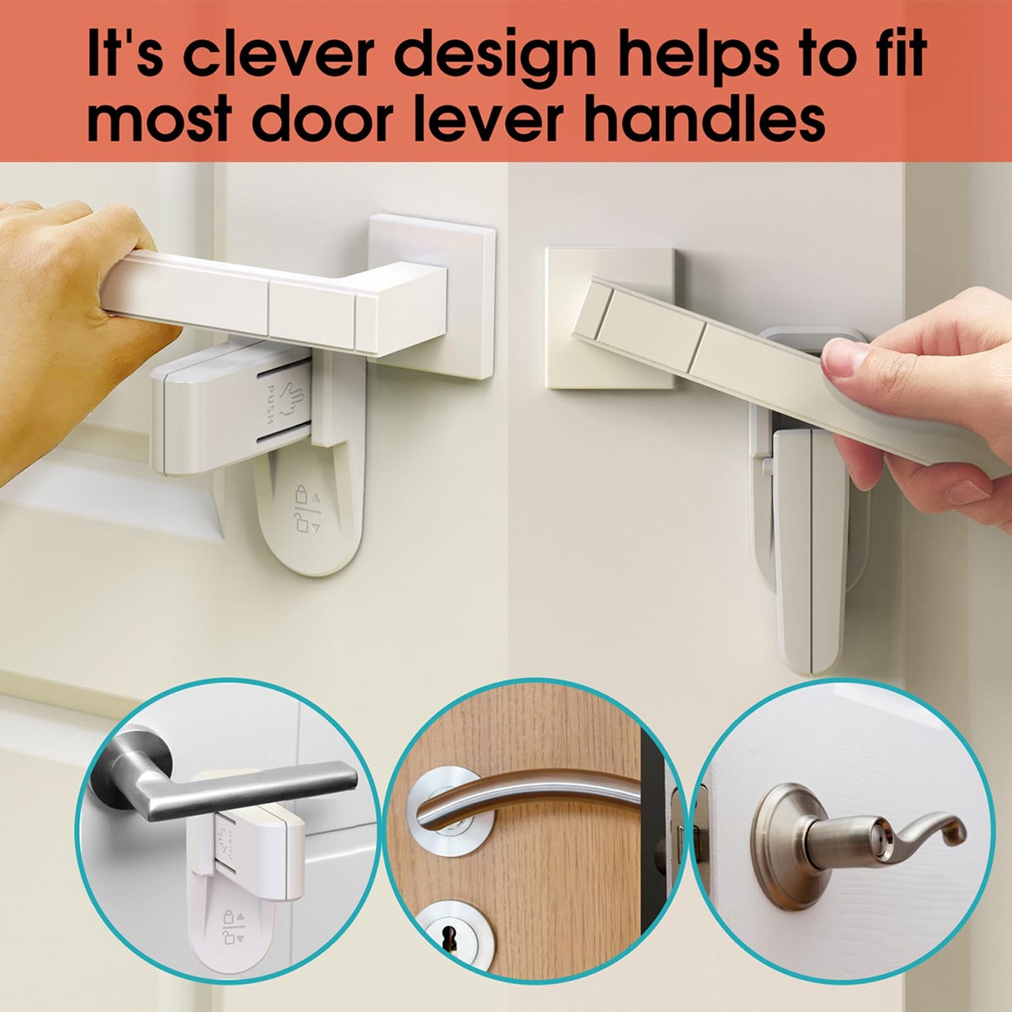 KIZZHISI Child Proof Door Lock (2 Pack) - No-Drill Universal Door Handle Lock with 3M Adhesive, Light Gray Durable ABS Door Handle Baby Proof - Easy One Hand Operation for Adults
