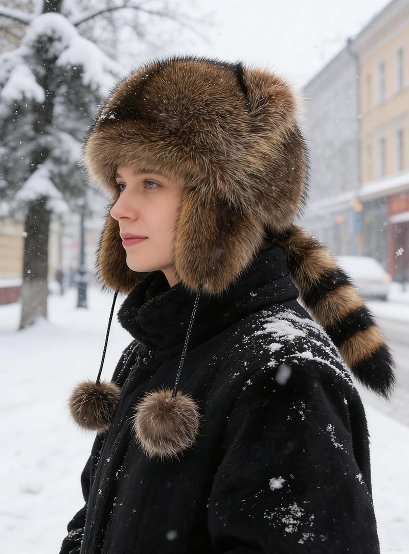 Raccoon Tail Parent-Child Plush Earflap Hat Faux Fur Animall Hat Ladies Russian Ushanka Winter Warm Cap Cute Pompoms Beanies Cap for Adult Kid Halloween Xmas Birthday