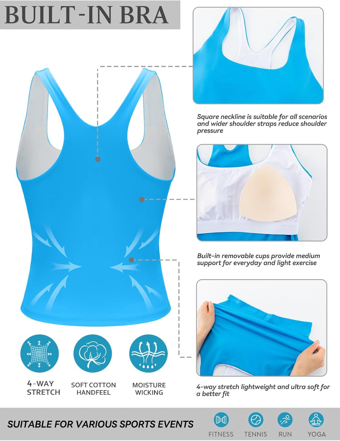 Running Girl Tank Tops - Built-In Bra Racerback Activewear for Women's Yoga & Workouts