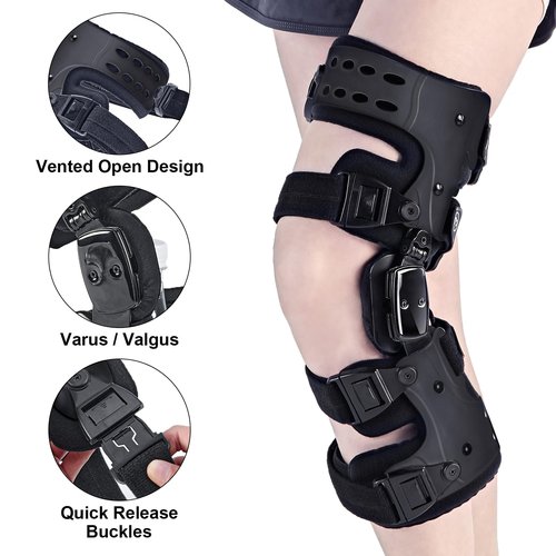 EZWORK OA Unloader Knee Brace - Arthritis Pain Relief, Osteoarthritis, Bone on Bone Knee Joint Pain, Cartilage Defect Repair, Avascular Necrosis Hinged, Degeneration (Black Left)