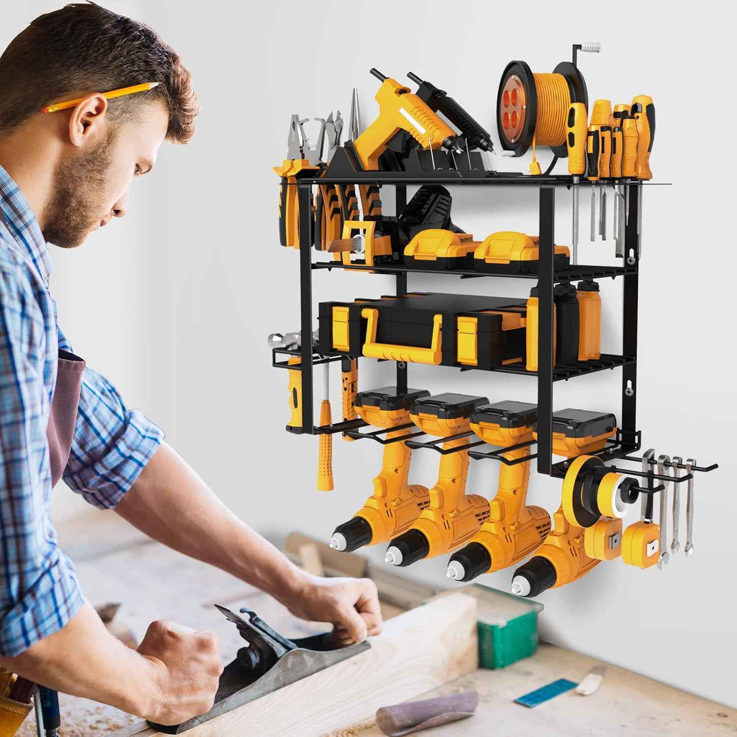 Heavy-Duty Wall-Mount Power Tool Organizer - 3 Extra Large Layers, 300lbs Capacity, 8 Cordless Drill Holders for Garage & Workshop