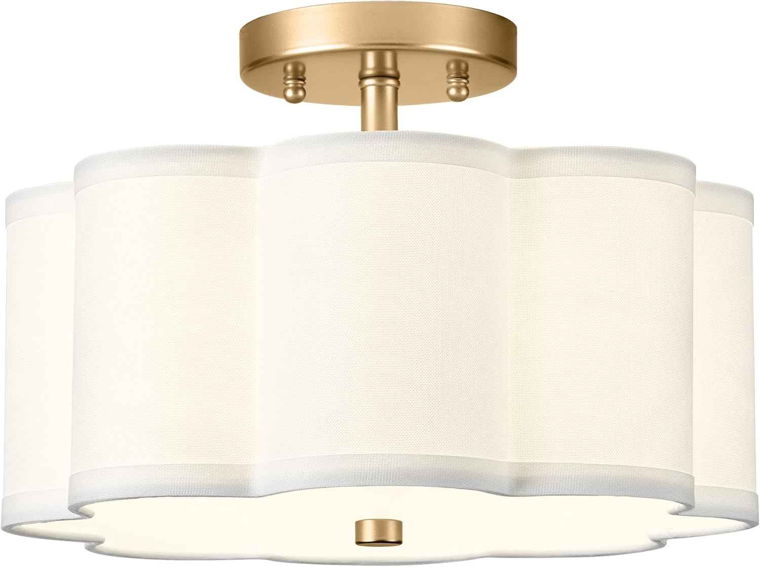 Gold 3-Light Semi Flush Mount Ceiling Light with Fabric Flower Shade - Farmhouse Brass Drum Fixture for Nursery, Hallway, Bedroom - Model AD-22007-3SF-GD