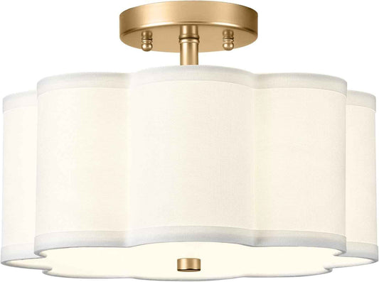 Gold 3-Light Semi Flush Mount Ceiling Light with Fabric Flower Shade - Farmhouse Brass Drum Fixture for Nursery, Hallway, Bedroom - Model AD-22007-3SF-GD