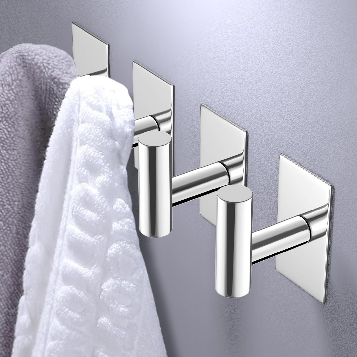 VAEHOLD Wall Towel Hooks, Heavy Duty Sticky Holder Waterproof Towel Hooks for Hanging Coat, Clothes, Closet Hook Wall Mount for Kitchen (Chrome, 2 Pack)