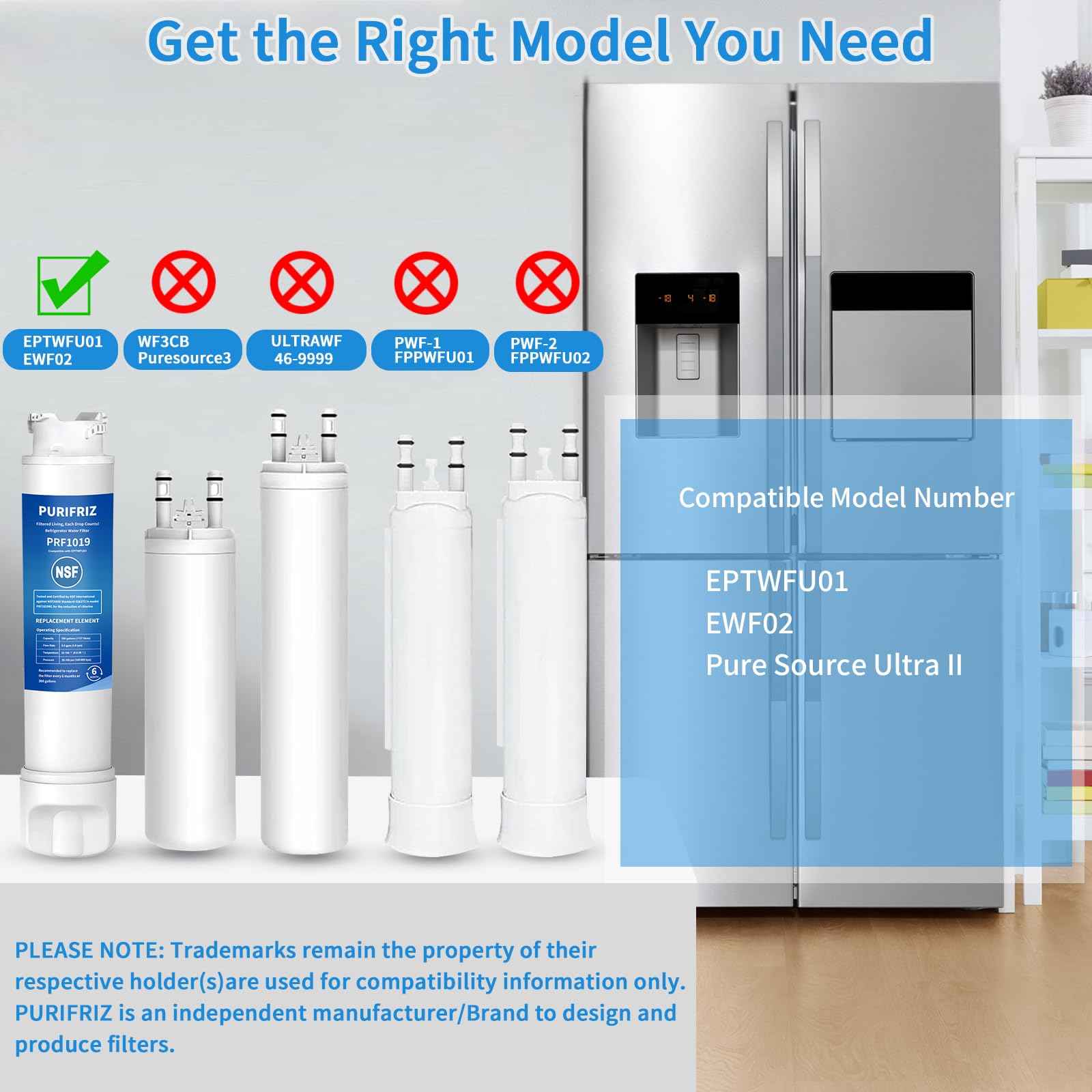 PURIFRIZ EPTWFU01 Refrigerator Water Filter Compatible with RWF5800A, EPTWFU01, EWF02, Pure Source Ultra II, Pure Source Ultra 2, 012505454226, 4562222, 6 Month / 300 Gallon,3 Pack