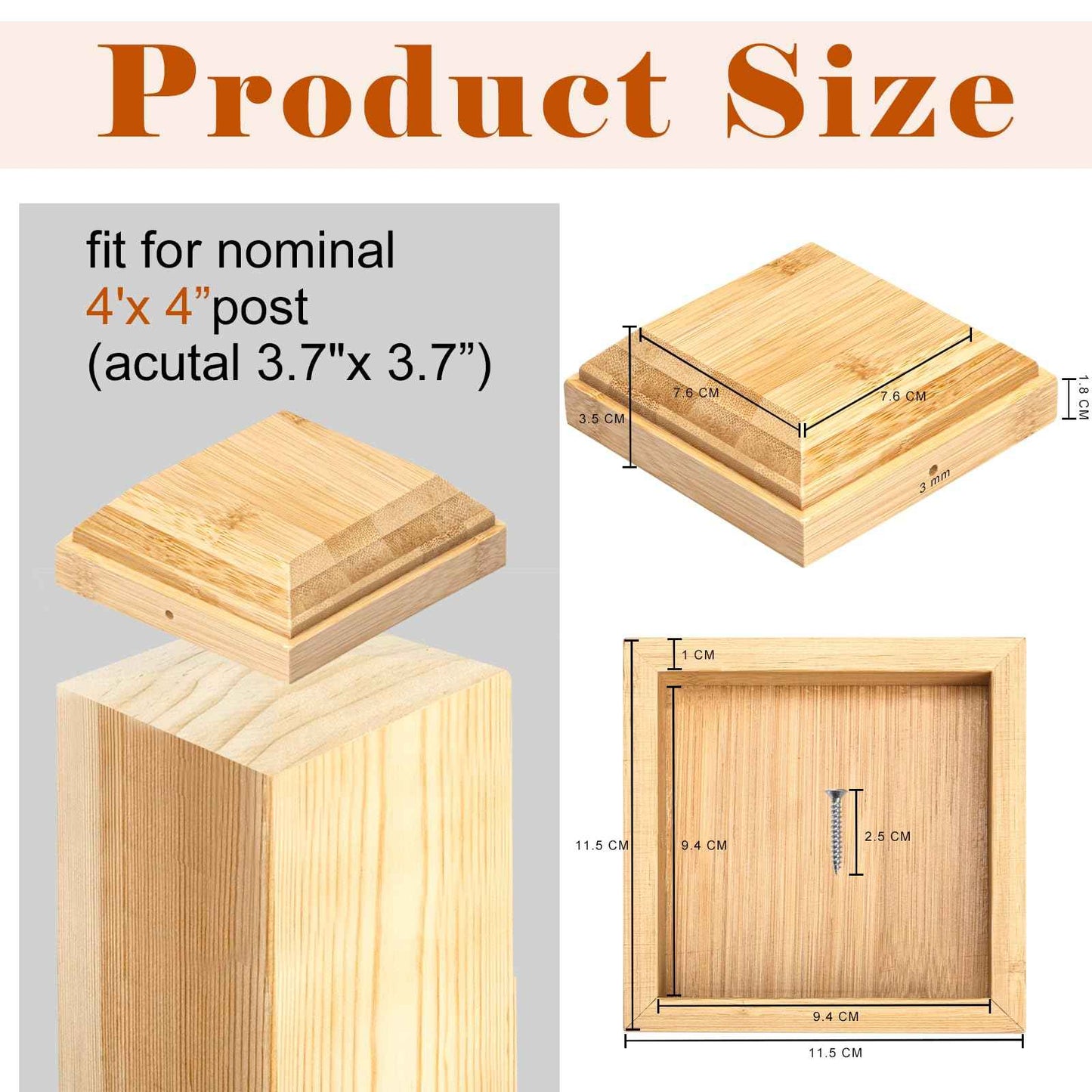 2 Pack 4x4 Wood Flat Top Post Caps Fence Post Caps Newel Post Mounting Kit for Outdoor Fences Mailboxes Decks(Actually 3.7x3.7inch