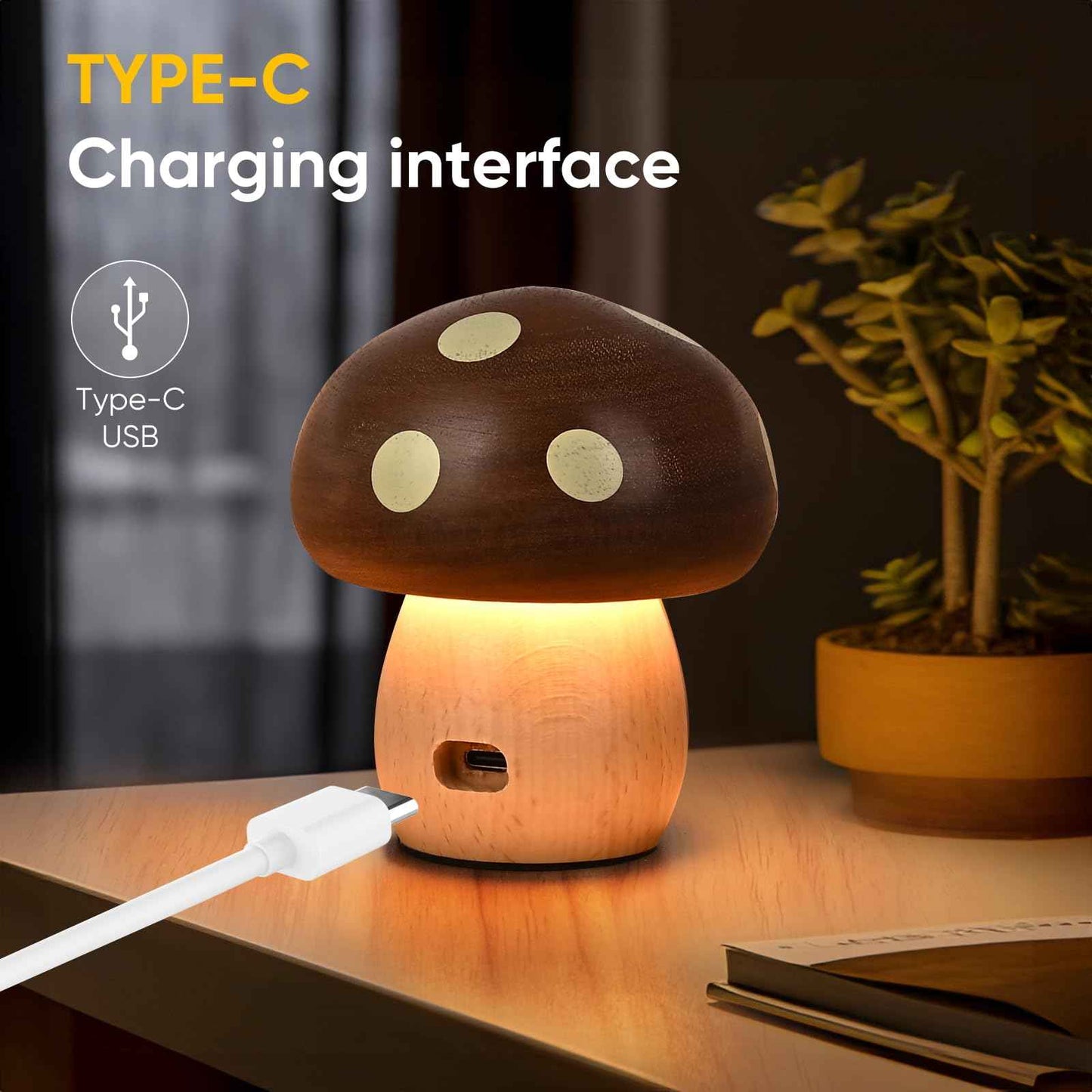 LONRISWAY LED Wooden Mushroom Lamp, Rechargeable Battery Operated Portable Cordless Touch Switch Small Lamp, Stepless Dimming Night Light for Birthday Gifts