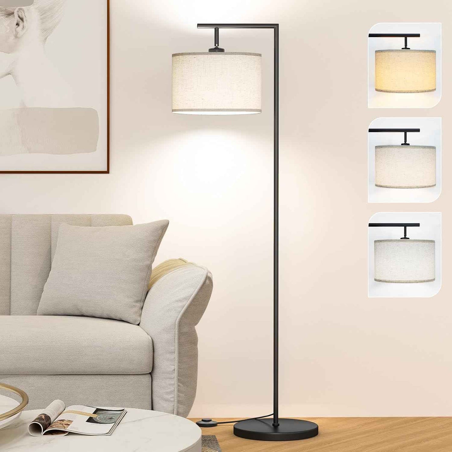 Adjustable Black Floor Lamp for Living Room - 3 Color Temperatures & Beige Linen Shade