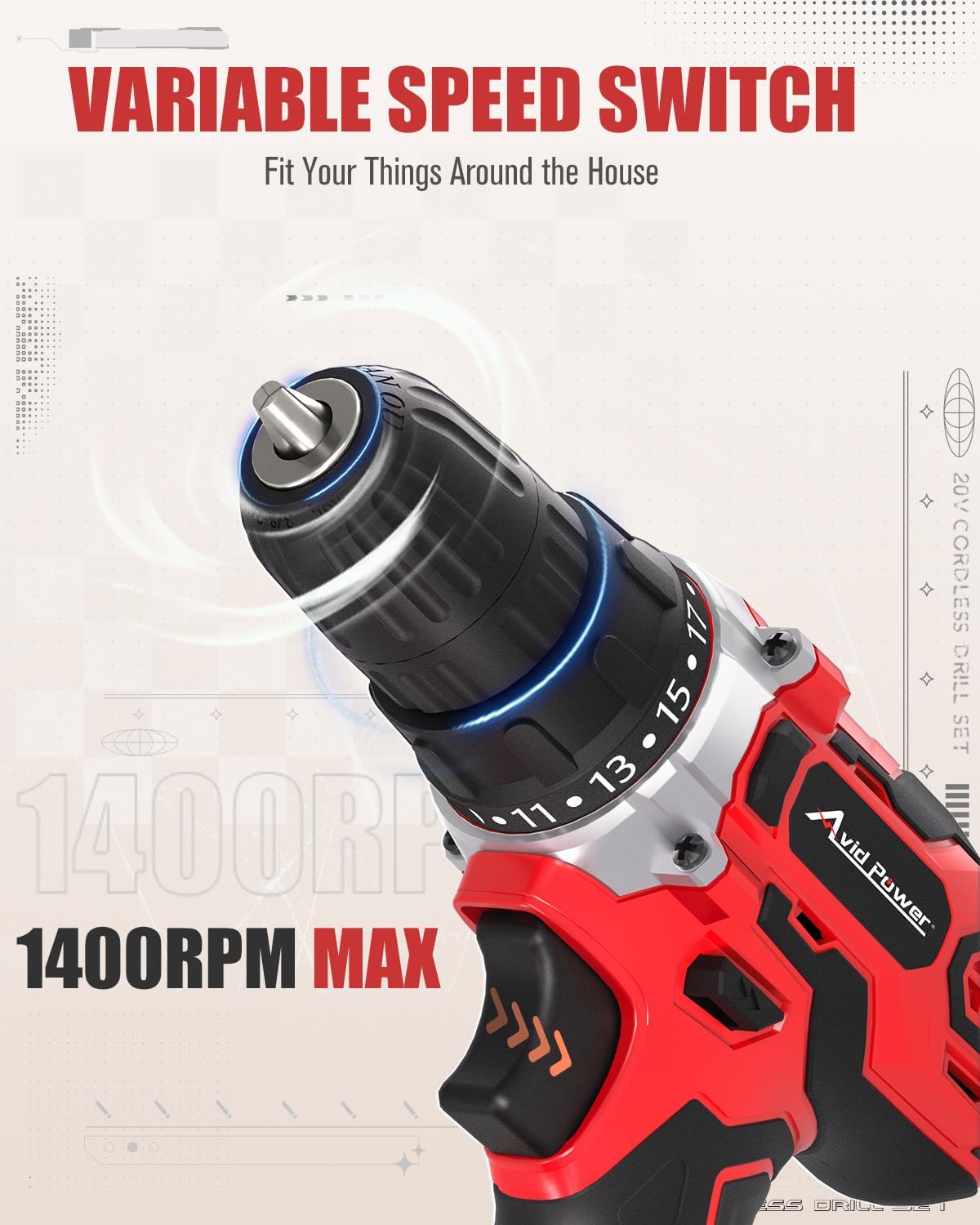 AVID POWER 20V MAX Cordless Power Drill Kit with Battery & Charger - 19 Torque Settings, 22 Bits