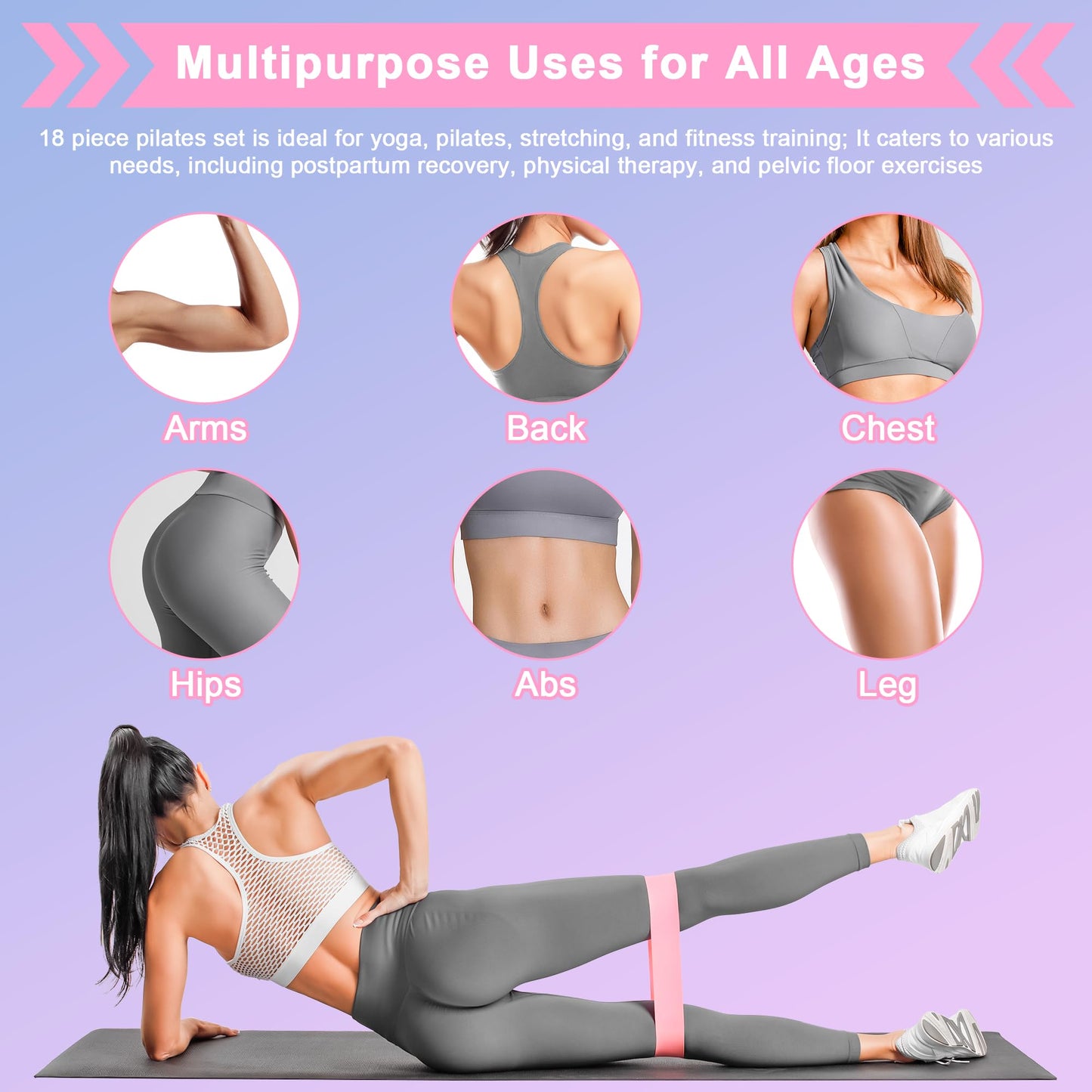 Home Pilates Essentials Kit for Women: 18Pcs Pilates Workout Equipment Set with Pilates Ring, Yoga Ball, Resistance Band, Pilates Fitness Set for Legs Arms, Gym Back Bag, Anti Slip Socks(Pink)