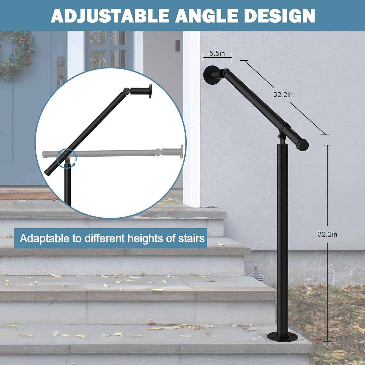 Hand Rails for Outdoor Steps - 2 Pack Metal Railing Kit for 1-3 Steps, Concrete & Brick