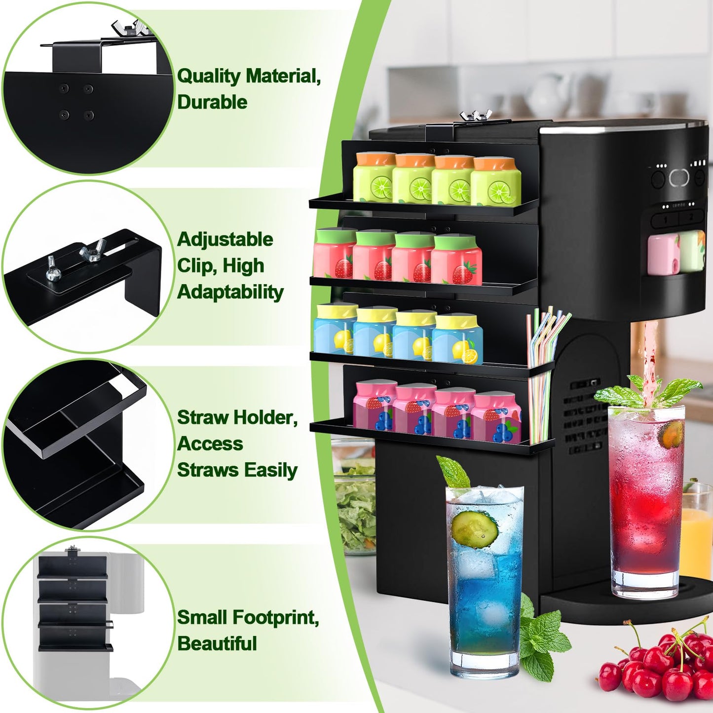 Side Mounted Flavor Storage Holder Compatible With Ninja Thirsti wc1001/wc2002,4 Tier Flavored Pods Water Drops Organizer with Straw Storage,Metal Flavor Holder for Counter Small Space,Holds 20 Flavor