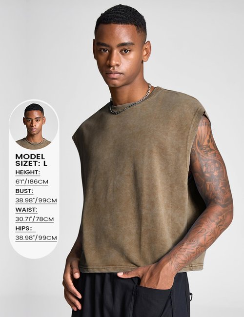 Wyeysyt Men's Crop T Shirts Dolman Sleeve Tops Vintage Crewneck Loose Pullover Tank Tops(BlackBrown-L)
