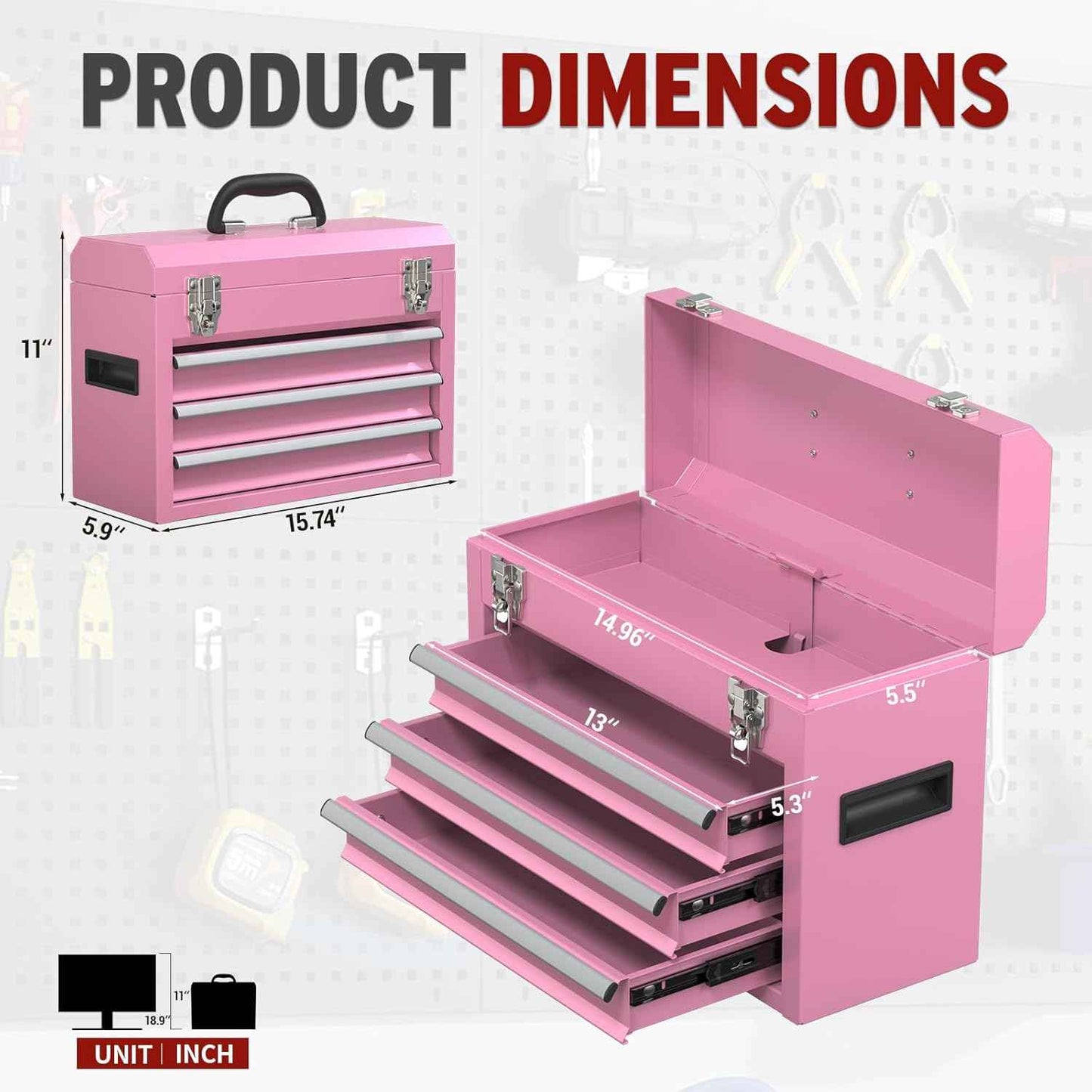 Portable Pink 3-Drawer Steel Tool Box with Locking System for Tool Storage