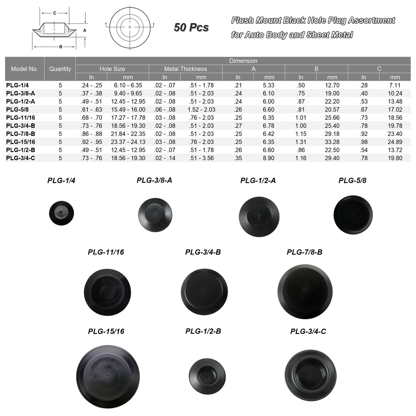 50pcs Plastic Plugs for Round Holes - Auto Body Plugs - Sheet Metal Plugs - Flush Mount Plug Assortment - Automotive Hole Plug Button Cap - Fits Hole Size 1/4, 3/8, 1/2, 5/8, 11/16, 3/4, 7/8, 15/16