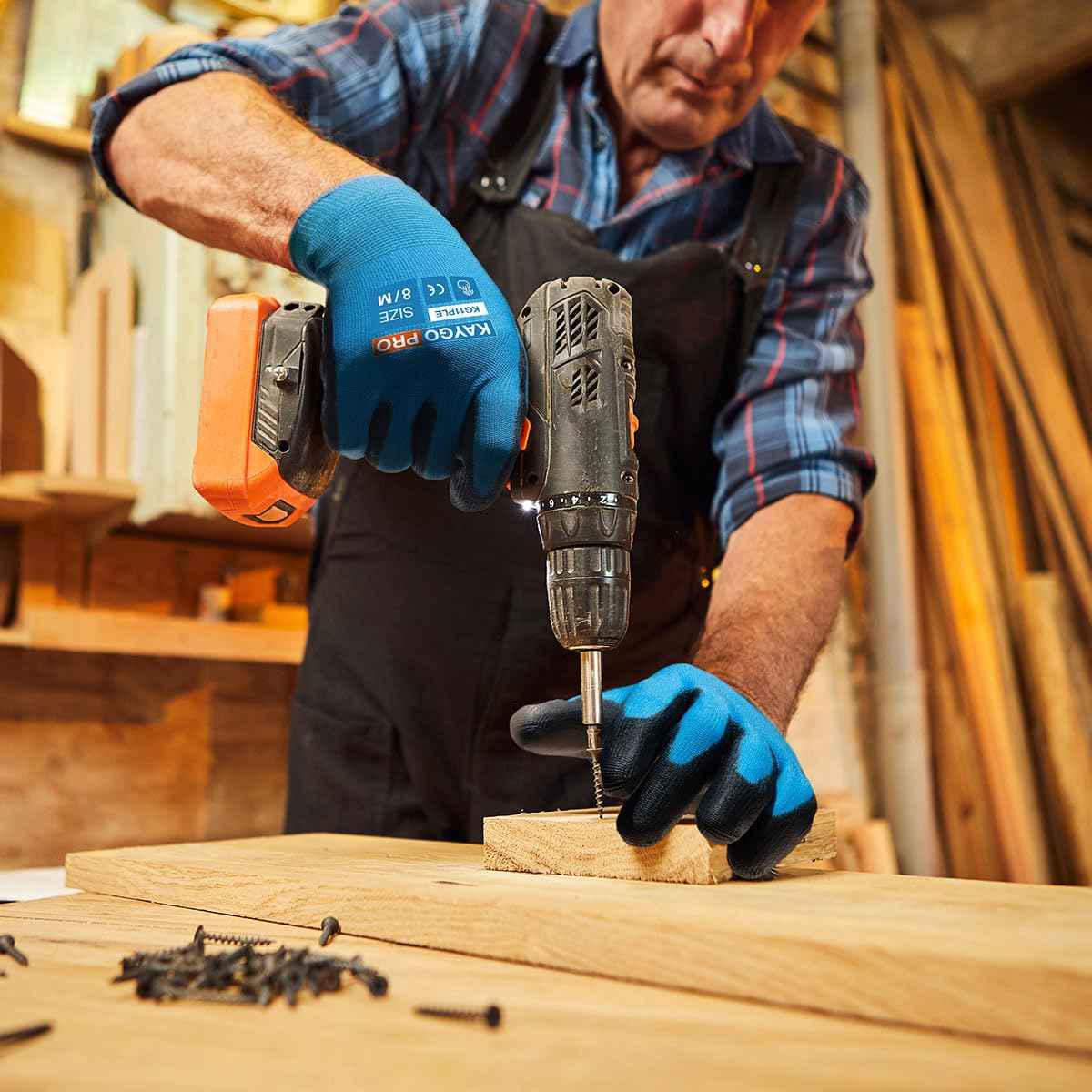 KAYGO Safety Work Gloves PU Coated for Men and Women, KG11P 12 Pairs Seamless Knit Glove with Two Fingers Touchscreen,Ideal for General Duty Work (Blue,M)