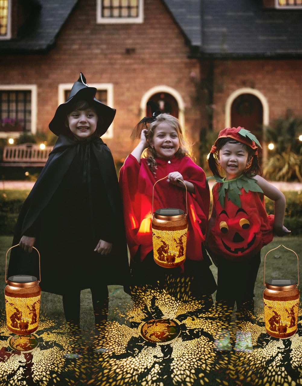 Solar Halloween Decorations Outdoor Witch Lanterns Garden Decor Metal Hanging Solar Lights Waterproof Outdoor Halloween Decorations Lights for Party Yard Patio Lawn Pathway Landscape