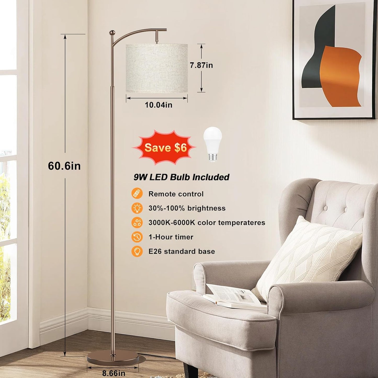 Modern 60" Floor Lamp with Remote Control & Dimmable LED Bulb - Beige Shade, Adjustable Brightness for Living Room