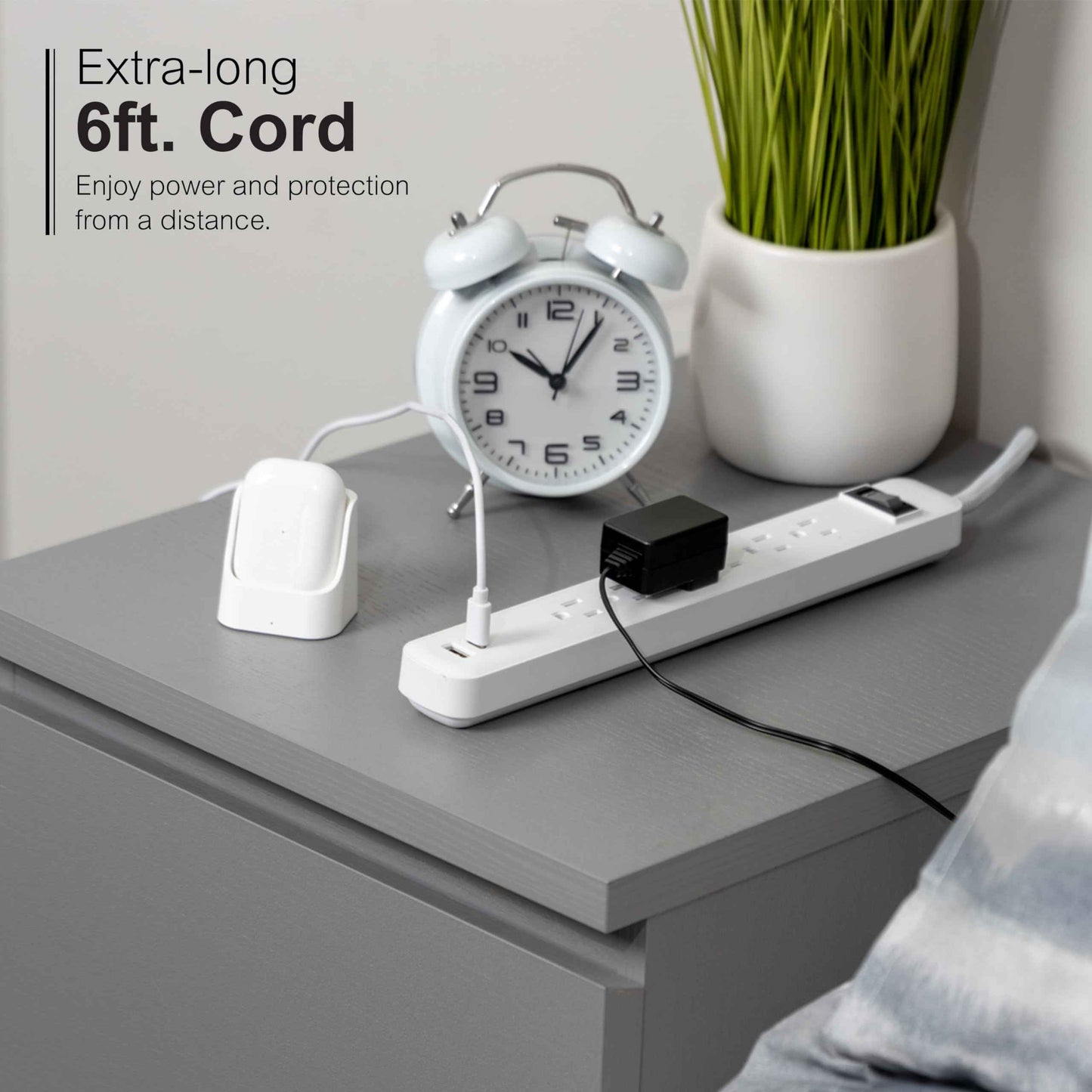 GE 6-Outlet Power Strip with USB, 1 USB-A & 1 USB-C, Outlet Extender, 6 Ft Braided Extension Cord, Flat Plug, Charging Station, White, 82594