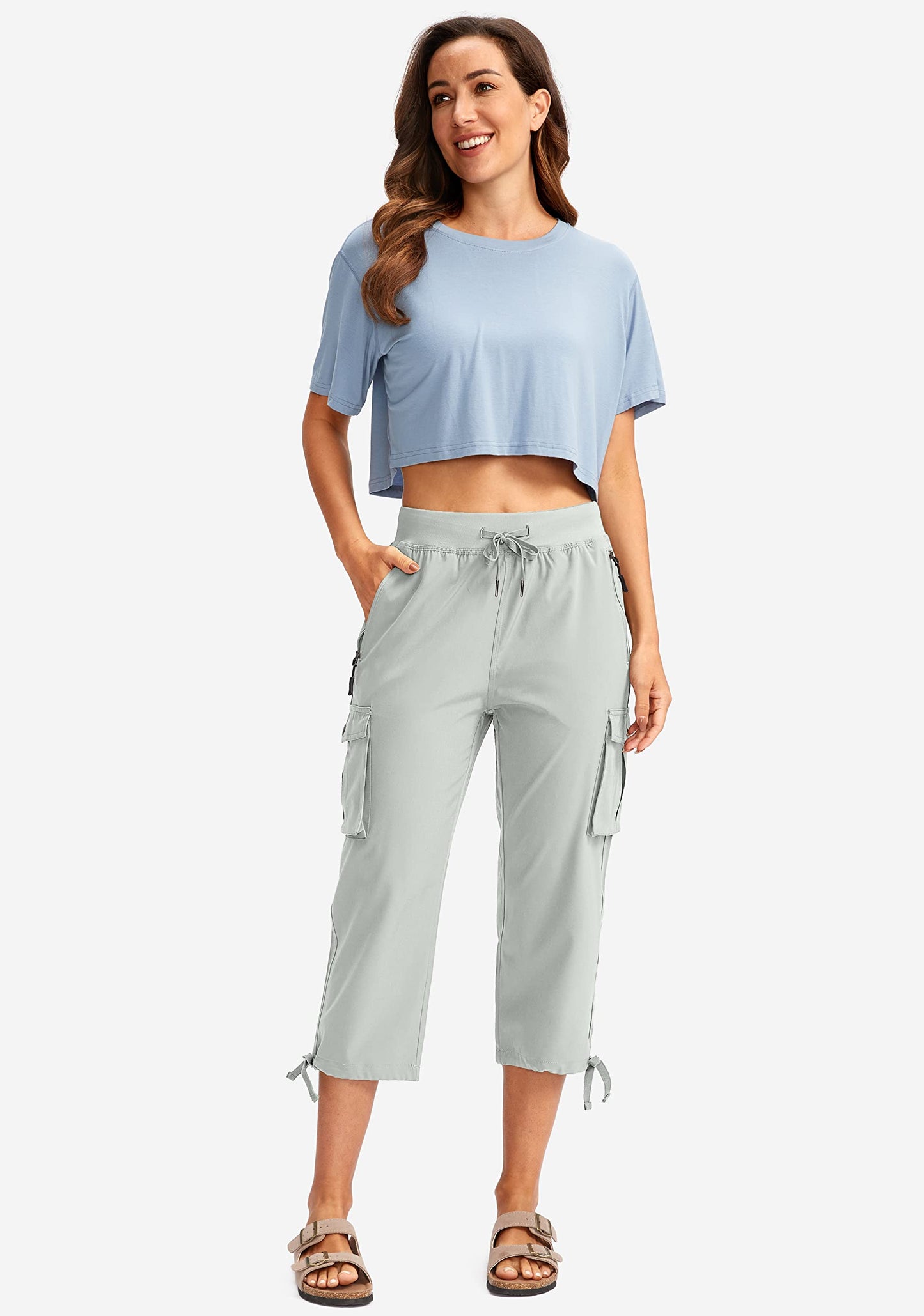 Soothfeel Women's Cargo Capris Pants with 6 Pockets Lightweight Quick Dry Travel Hiking Summer Pants for Women Casual (Pale, S)