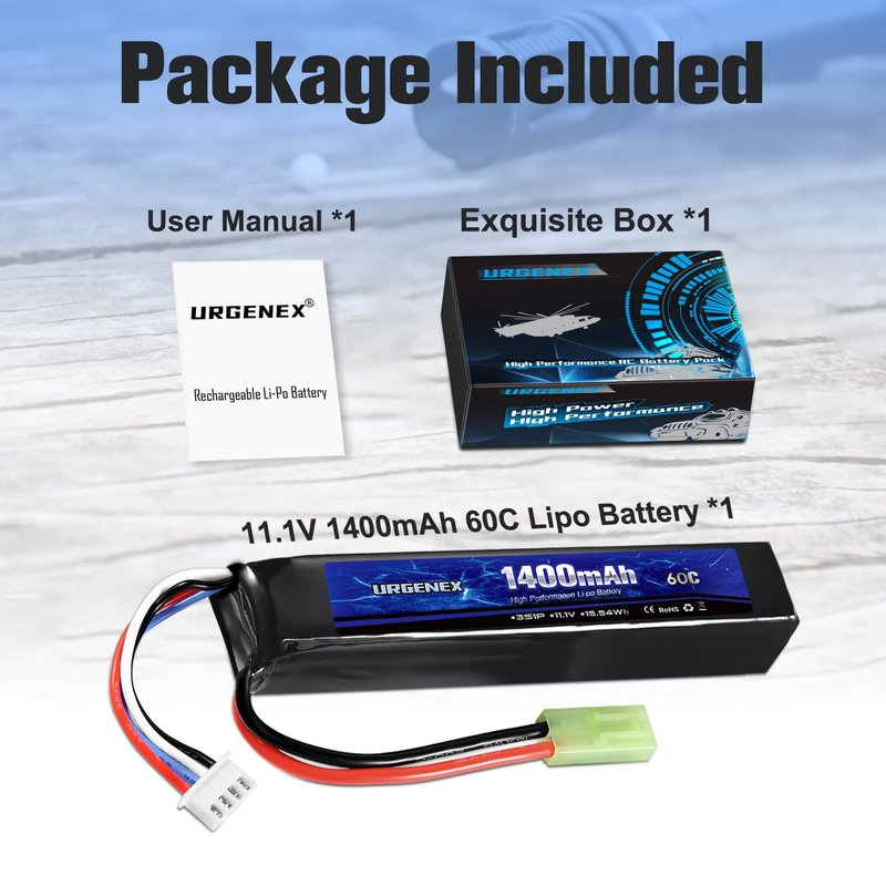 URGENEX Airsoft Battery 11.1V 1400mAh 60C High Discharge Rate Lipo Pack with Mini Tamiya Plug Rechargeable 3S Lipo Battery for Airsoft Model Guns