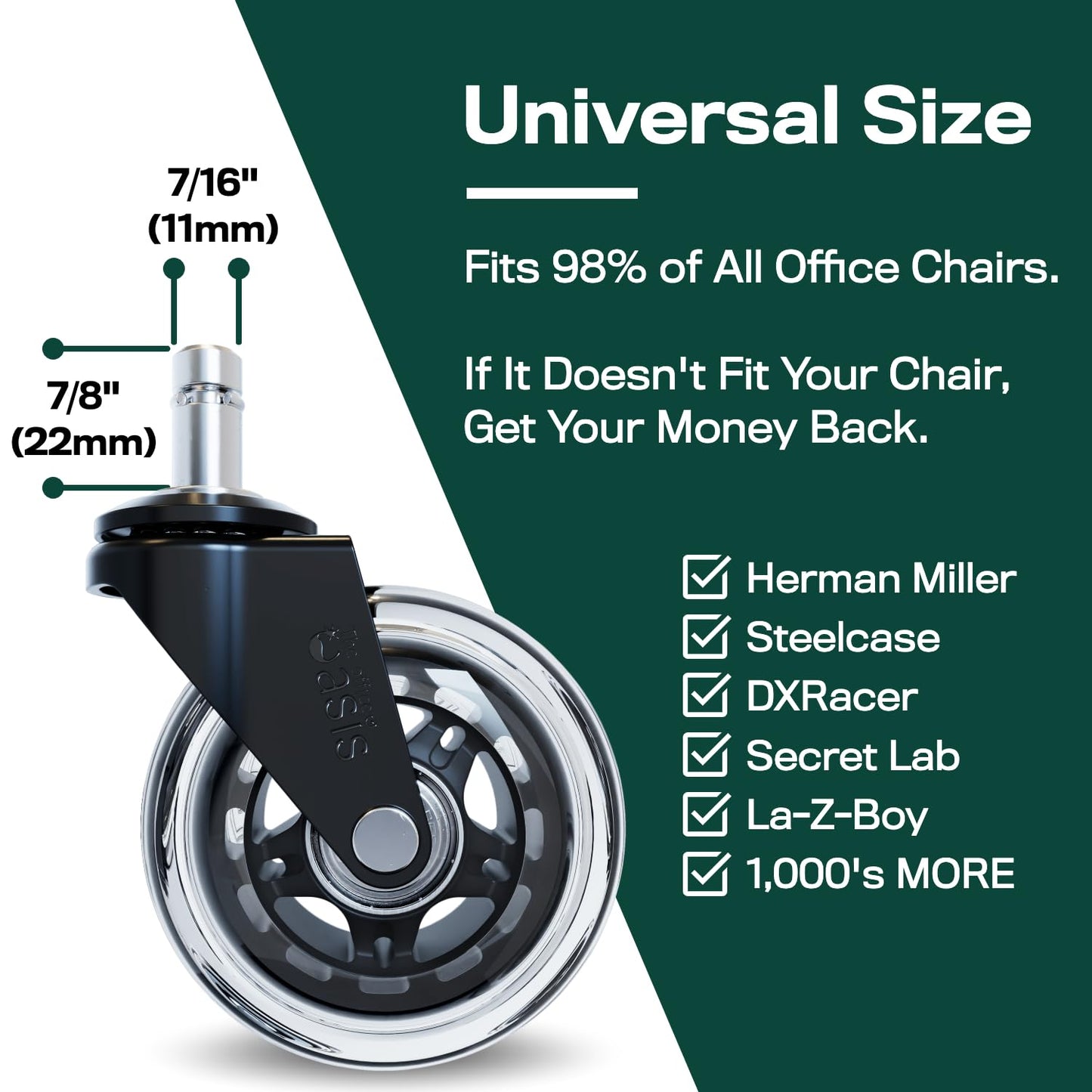 Original Rollerblade Office Chair Wheels - Smooth, Quiet Casters for Hardwood & Carpet - Easy Universal Fit - Set of 5