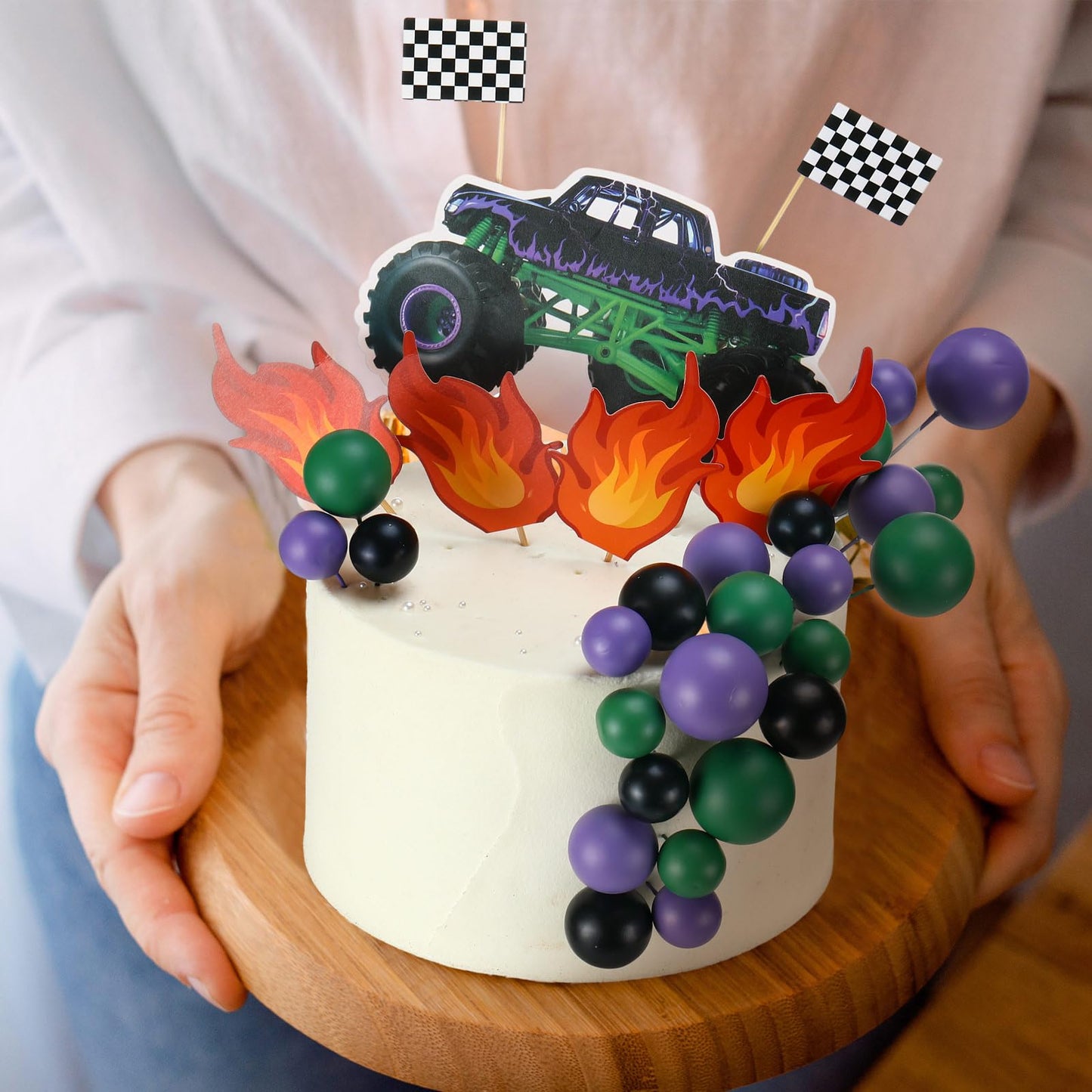WinnerWhy 49 Pcs Monster Truck Car Cake Toppers Birthday Party Supplies Mini Balloons Cake Topper Sticks for Birthday Party Supplies, Boys' Theme Decoration