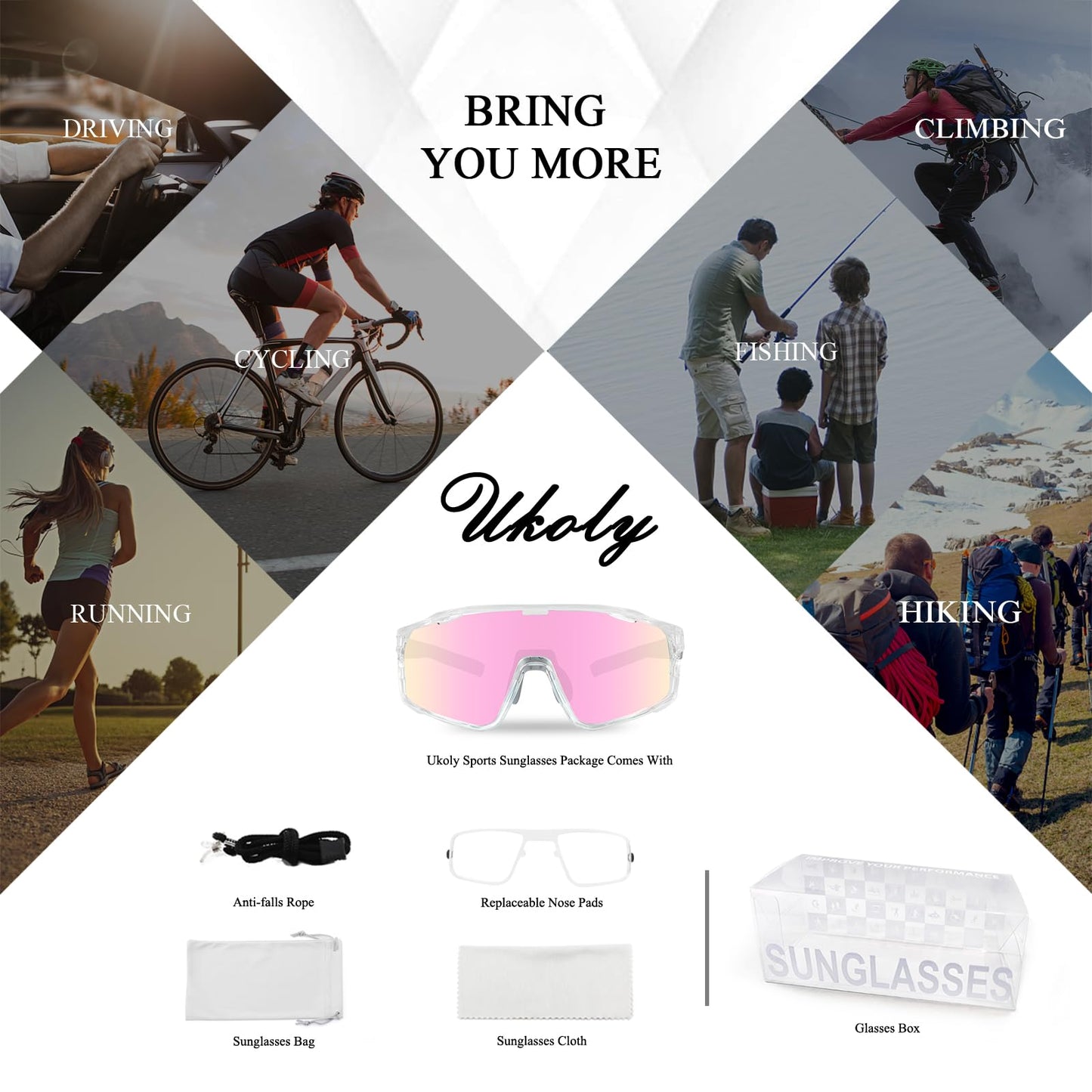 Ukoly Photochromic Cycling Glasses For Men Women, Sports Sunglasses For Baseball Running Cycling HD Lens UV400 Protection 628 (HD Photochromic Pink)