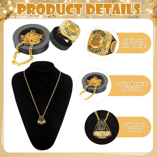 Highergo 6pcs Ugly Christmas Sweater Championship Trophy Ring Ugly Sweater Costume Contest Award with Display Neck Chain and Stand for Xmas Ugliest Sweater Contest Christmas Party Gift Competition
