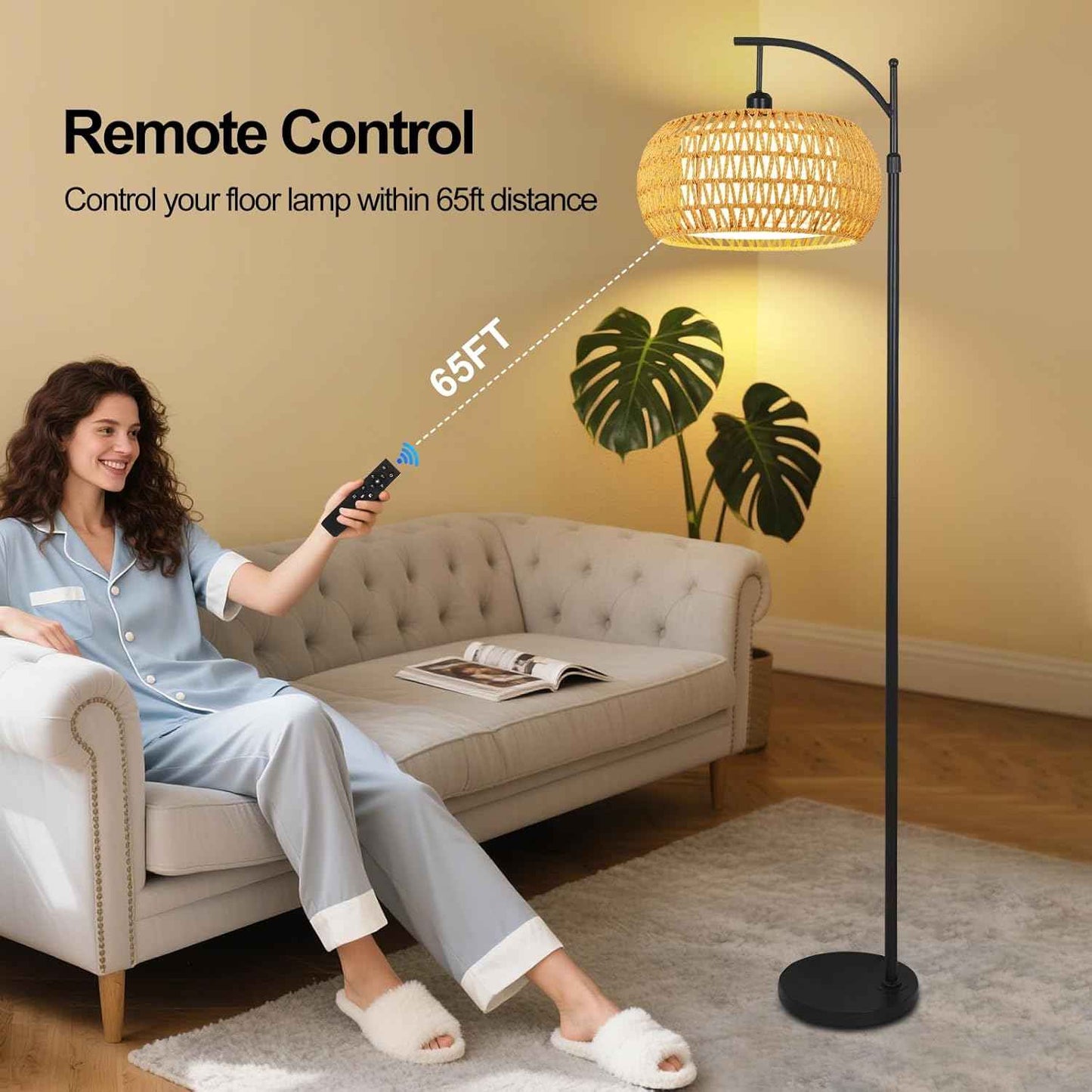 Boho Gold Floor Lamp with Remote Control | Dimmable Rattan & Wicker Design for Living Room