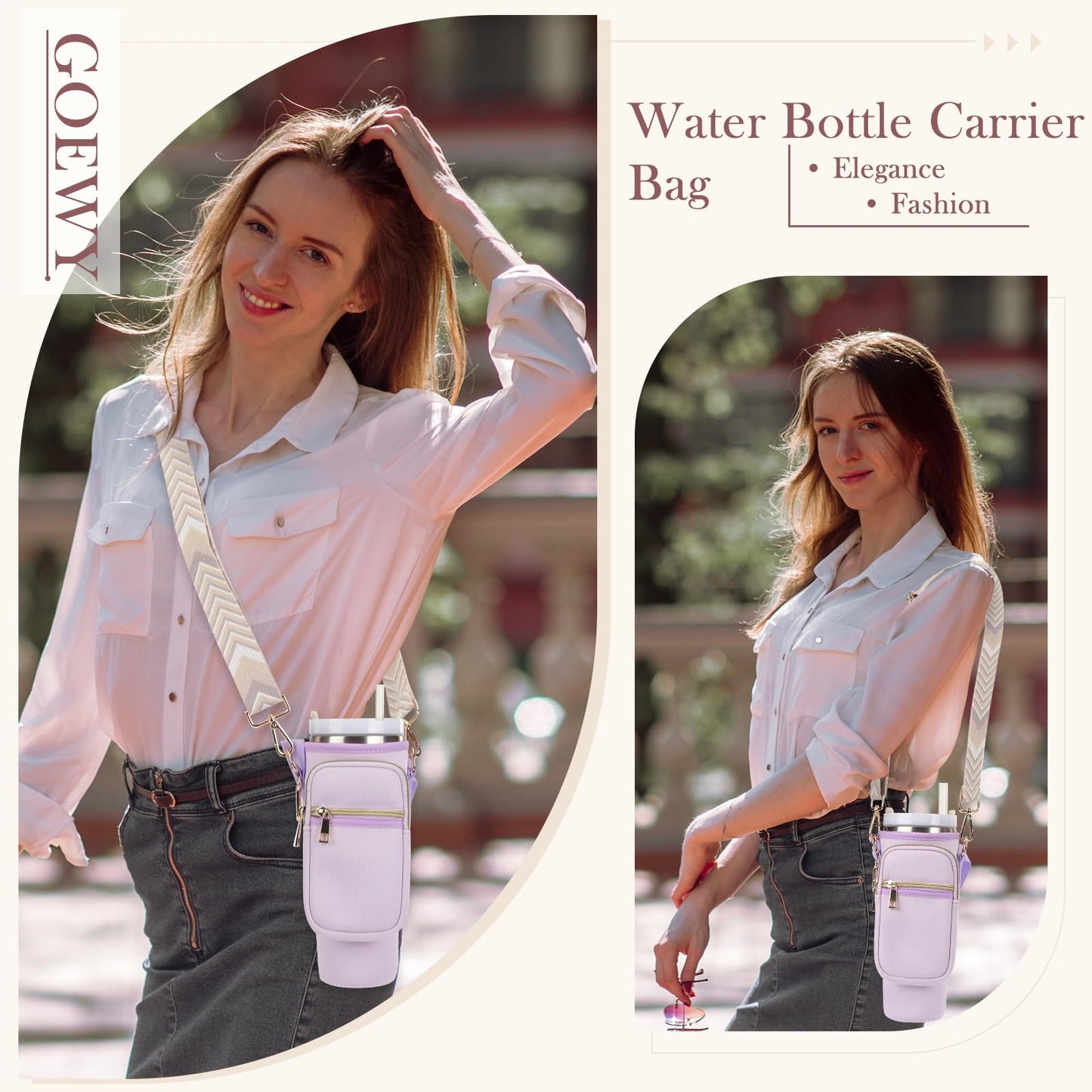 GOEWY Water Bottle Carrier Bag Stanley Cup Accessories with Adjustable Shoulder Strap & Phone Pocket Fits 40oz Tumbler with Handle Ideal Gift for Women