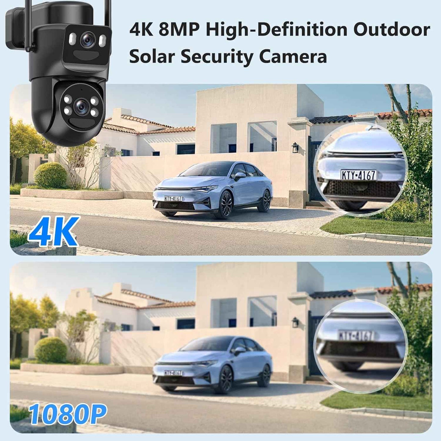 4K Wireless Solar Security Camera - Dual Lens Bullet & 360° PTZ, Color Night Vision, Battery Powered