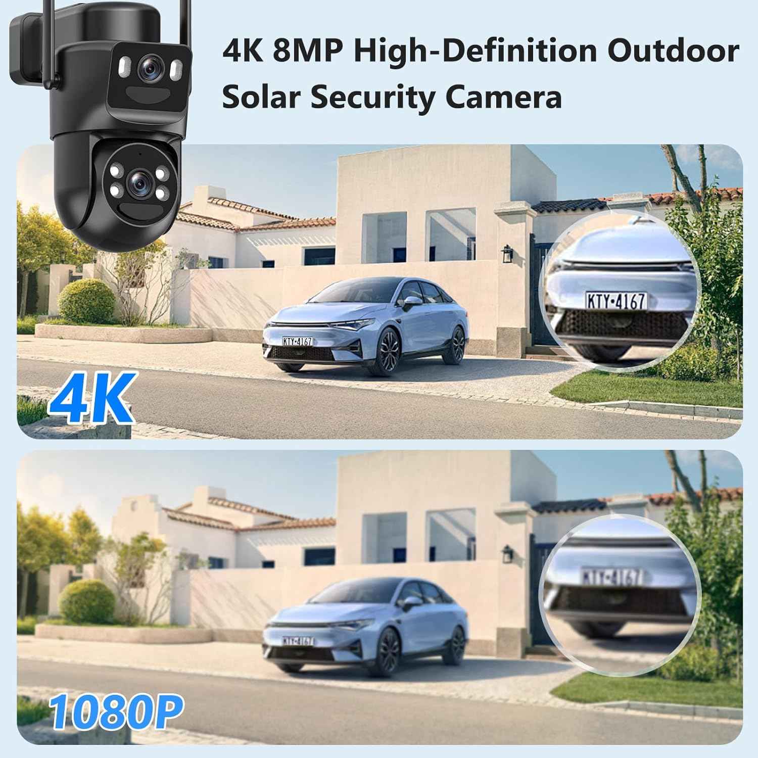 4K Wireless Solar Security Camera - Dual Lens Bullet & 360° PTZ, Color Night Vision, Battery Powered