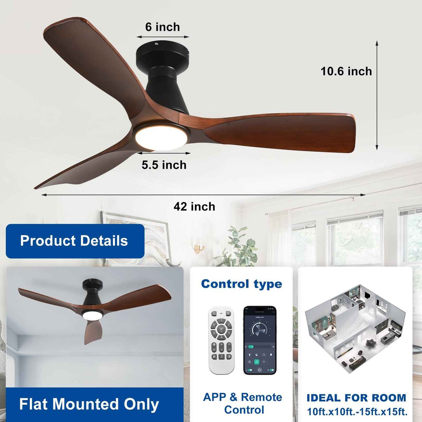 DLLT 42-Inch Ceiling Fans with Lights: Flush Mount Ceiling Fan 3 Blades for Indoor Outdoor - Dimmable Ceiling Fan with Remote APP Control Noiseless DC Motor for Low Profile Bedroom