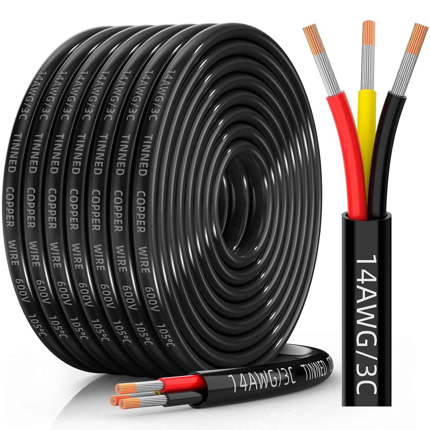 16 AWG Tinned Copper 3-Conductor Electrical Wire - Waterproof PVC Cable for Automotive, Marine & Solar (100FT)