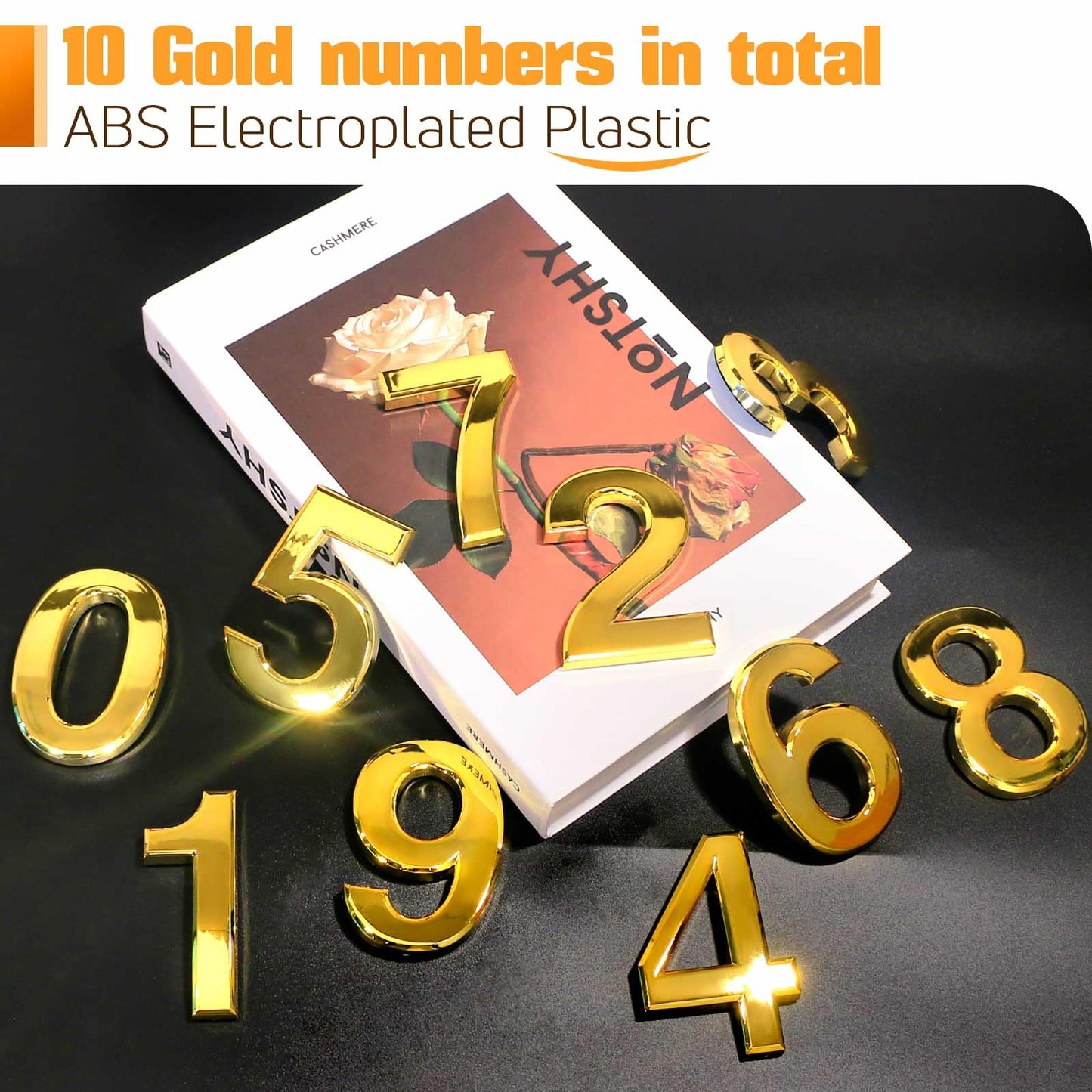Ranslen 10 Pieces 3 Inch High House Numbers 0-9, Self-adhesive 3D Mailbox Numbers Door Address Home Number Stickers Sign for Apartment Mailbox Sign Office Hotel Room, Gold Electroplated Plastic