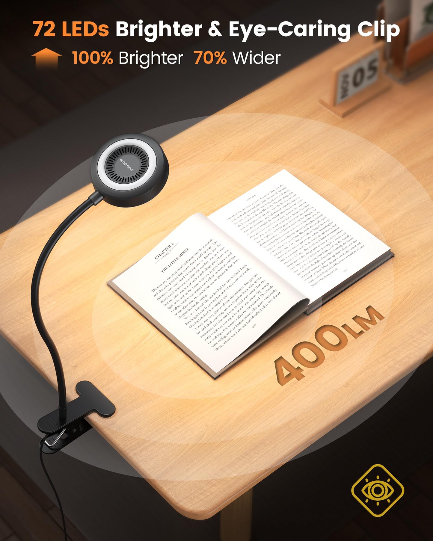 Glocusent 72 LED Clip on Lamp with Remote, Reading Light with Amer Ring Night Light, 3 Colors & 5 Dimmable Desk Lamp with Clamp, Auto-Off Timer for Night Reading, Bed Light for Headboard/Dorm/Bunk