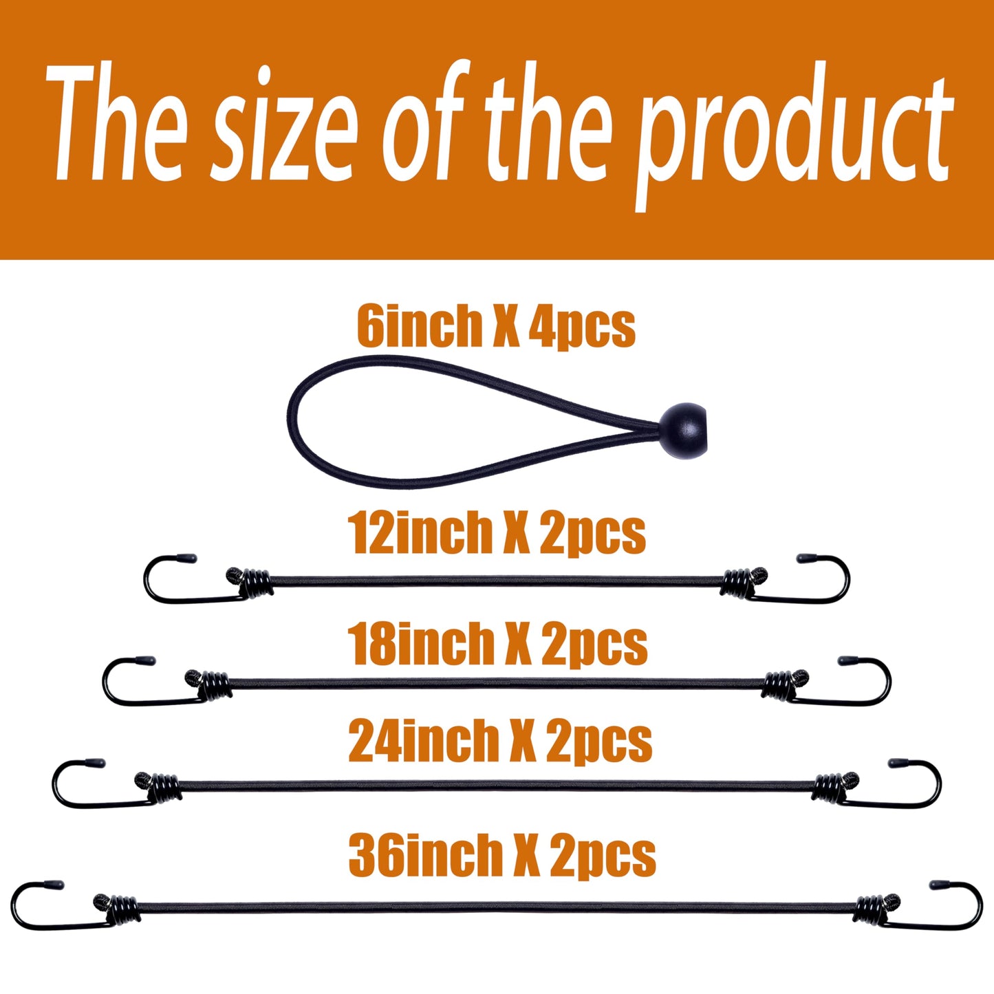 Yelier Bungee Cords with Hooks – 8pcs Bungee Cord (12", 18", 24", 36") + 4pcs 6" Ball Bungee Cords, No Irritating Odor, for Cargo, Camping, Outdoor, Tent (Black, 12" 18" 24" 36")