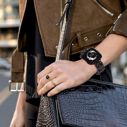 NewWays Compatible Fitbit Versa 2 Bands for Women, Dressy Bracelet with Black Leather
