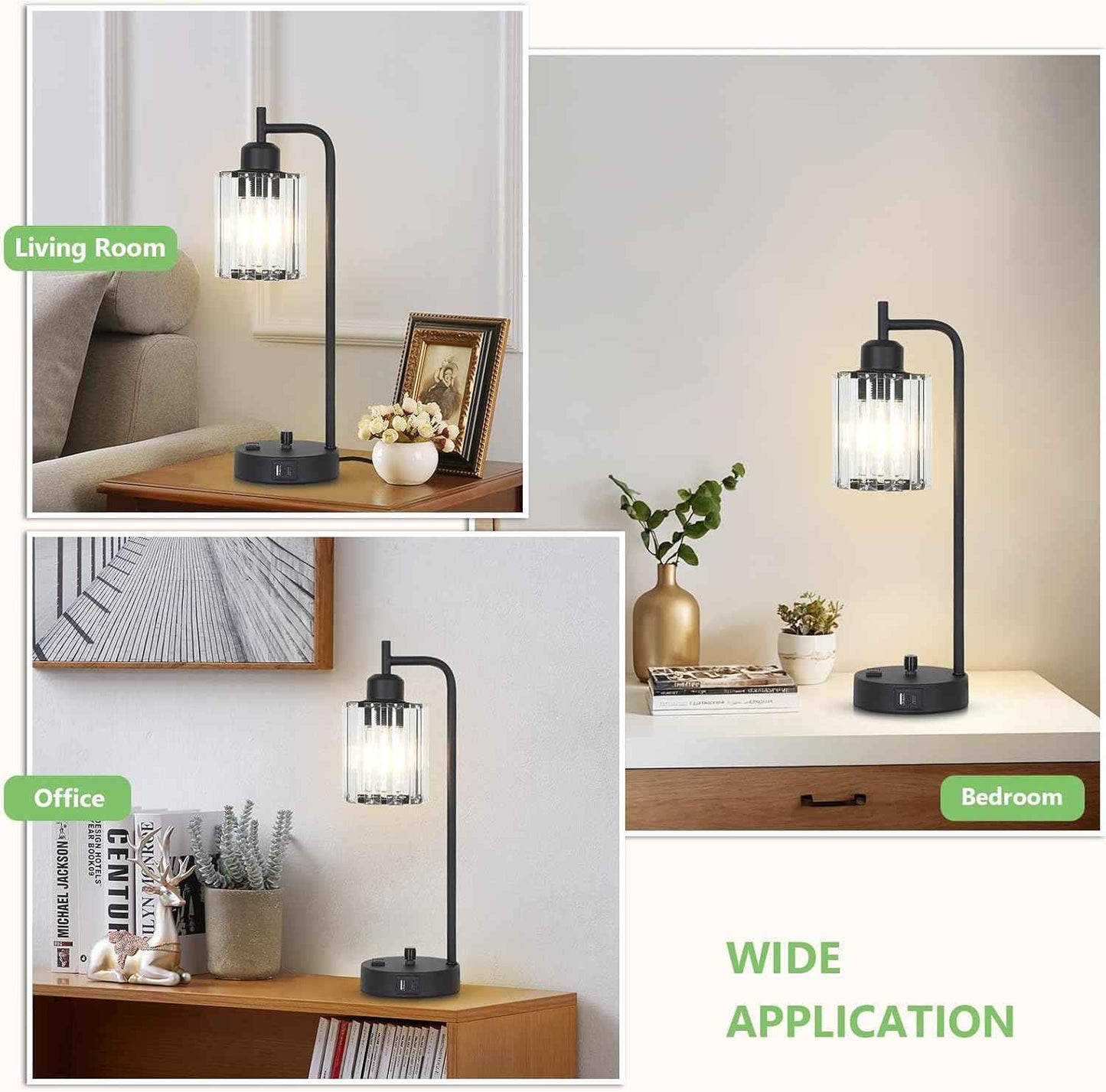 Modern Gold Crystal Table Lamps Set of 2 with LED Bulbs & USB Port - Elegant Bedside Lighting