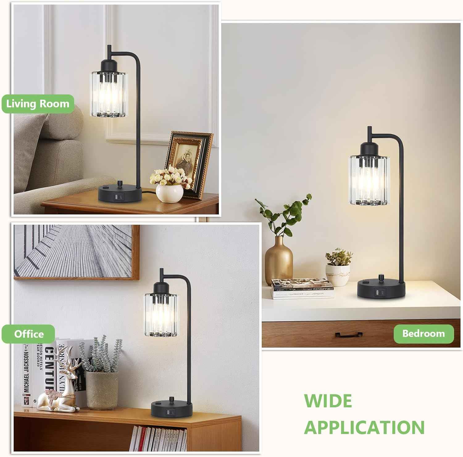 Modern Gold Crystal Table Lamps Set of 2 with LED Bulbs & USB Port - Elegant Bedside Lighting