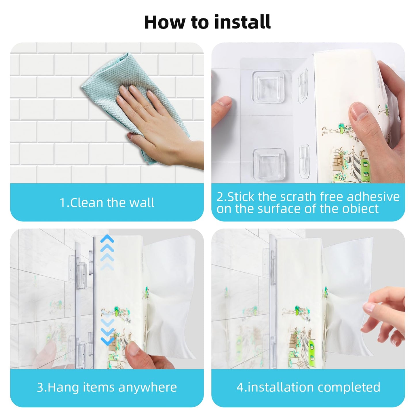 Double Sided Adhesive Hooks Adhesive paper towels facial tissues holder on wall mount Clear Self Adhesive Hooks, paper towel holder on wall Tissue Holders for Bathrooms,No Drill No Screw-20 PCS