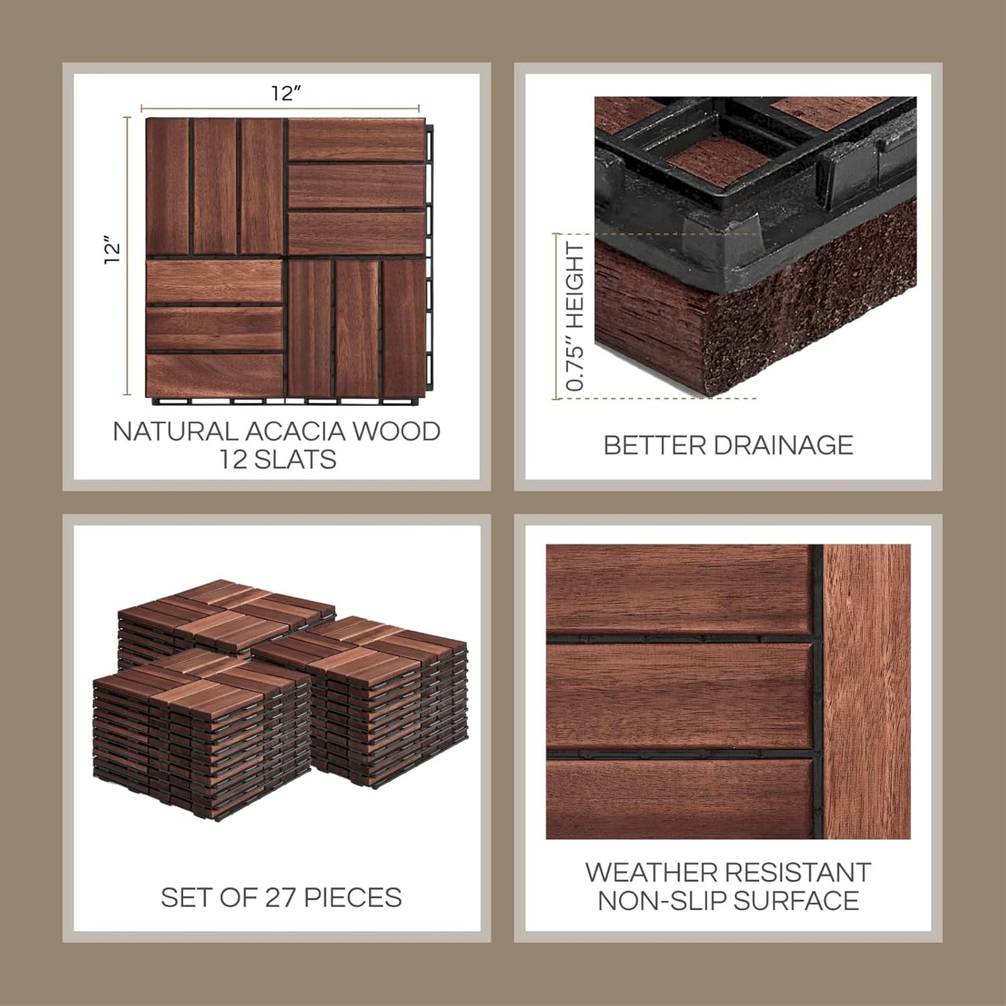 Outdoor Waterproof Acacia Wood Deck Tiles - 10 Pcs Patio Flooring for All Weather Use
