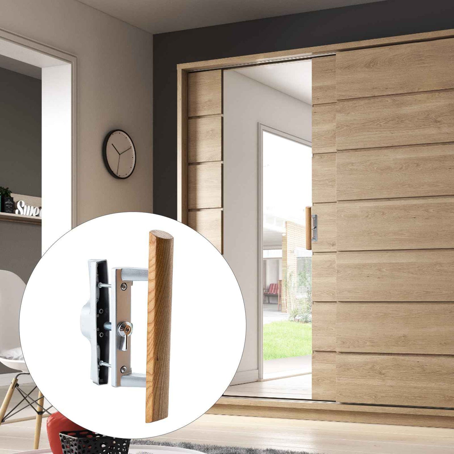 HOME MASTER HARDWARE Patio Sliding Door Handle Set, Non-keyed Sliding Screen Door Handles with Wood Handle, Sliding Door Hardware Fits 3-15/16" Hole Spacing