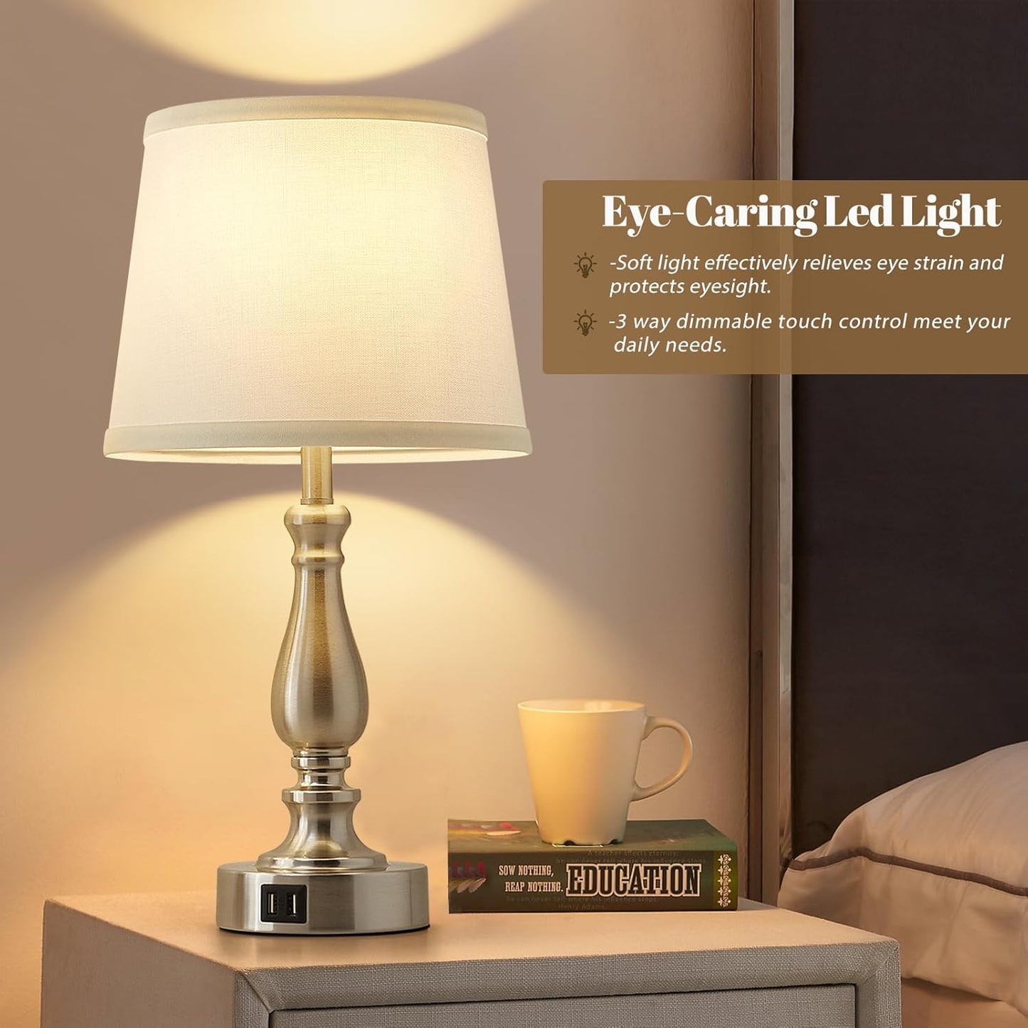 Touch Bedside Table Lamps Set of 2 with USB C+A Ports - 3-Way Dimmable Linen Shade